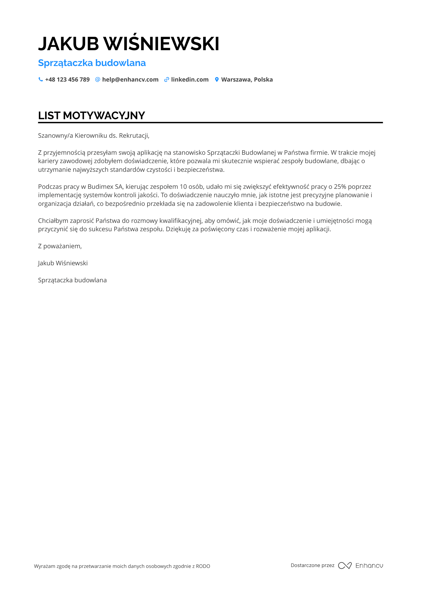List motywacyjny dla Sprzątaczka budowlana Resume Example