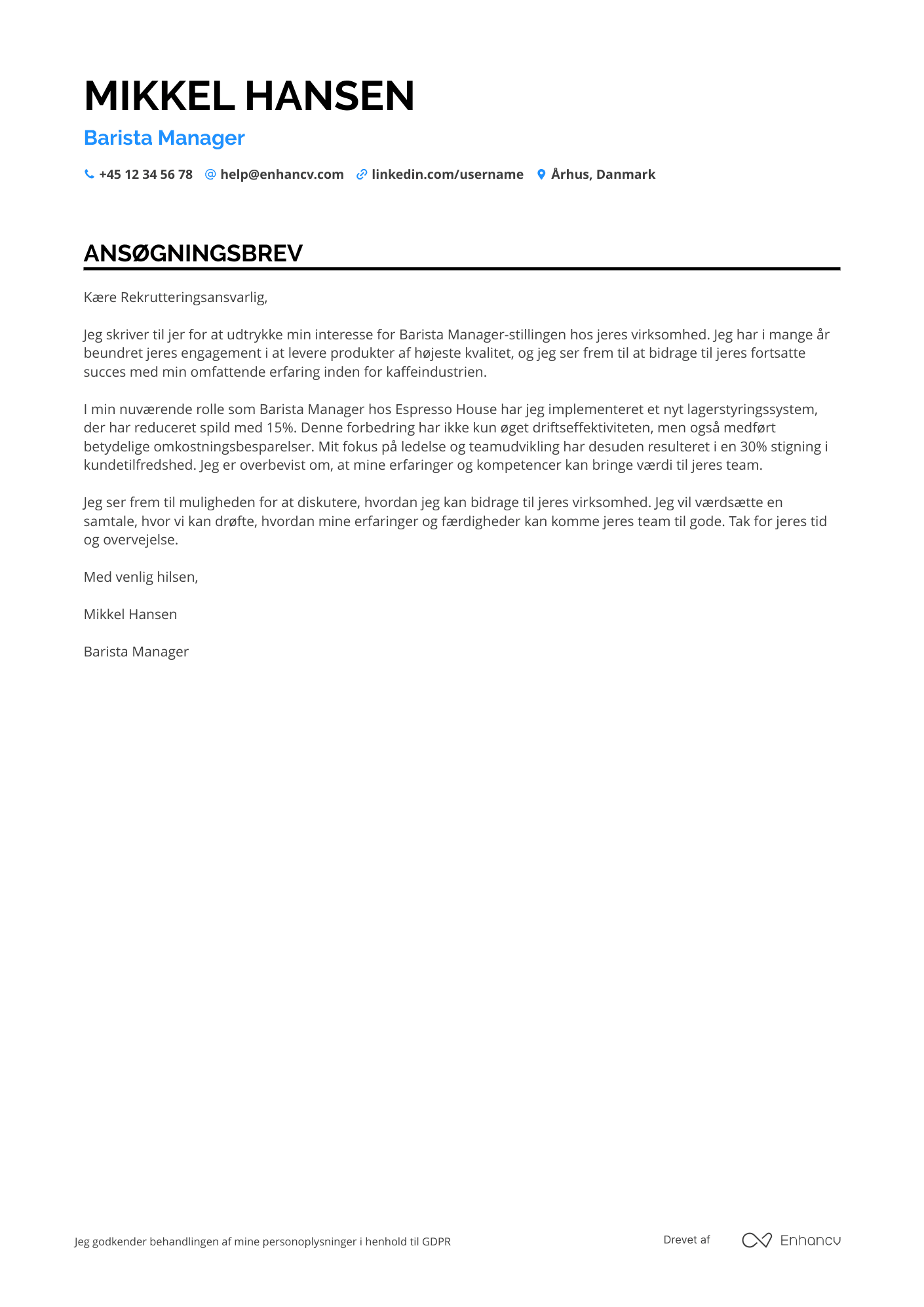 Ansøgningsbrev til Barista Manager Resume Example