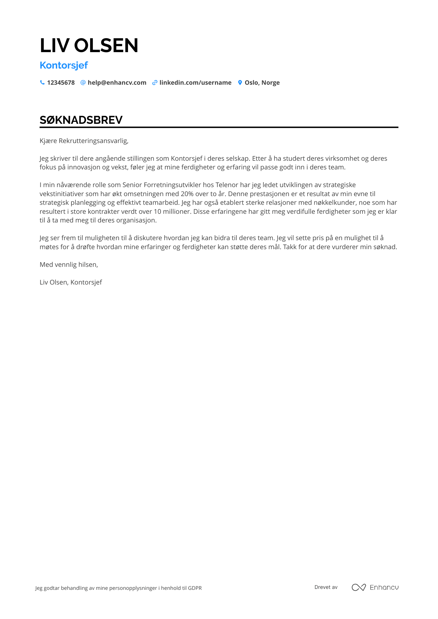 Søknadsbrev for Kontorsjef forretningsutvikling Resume Example
