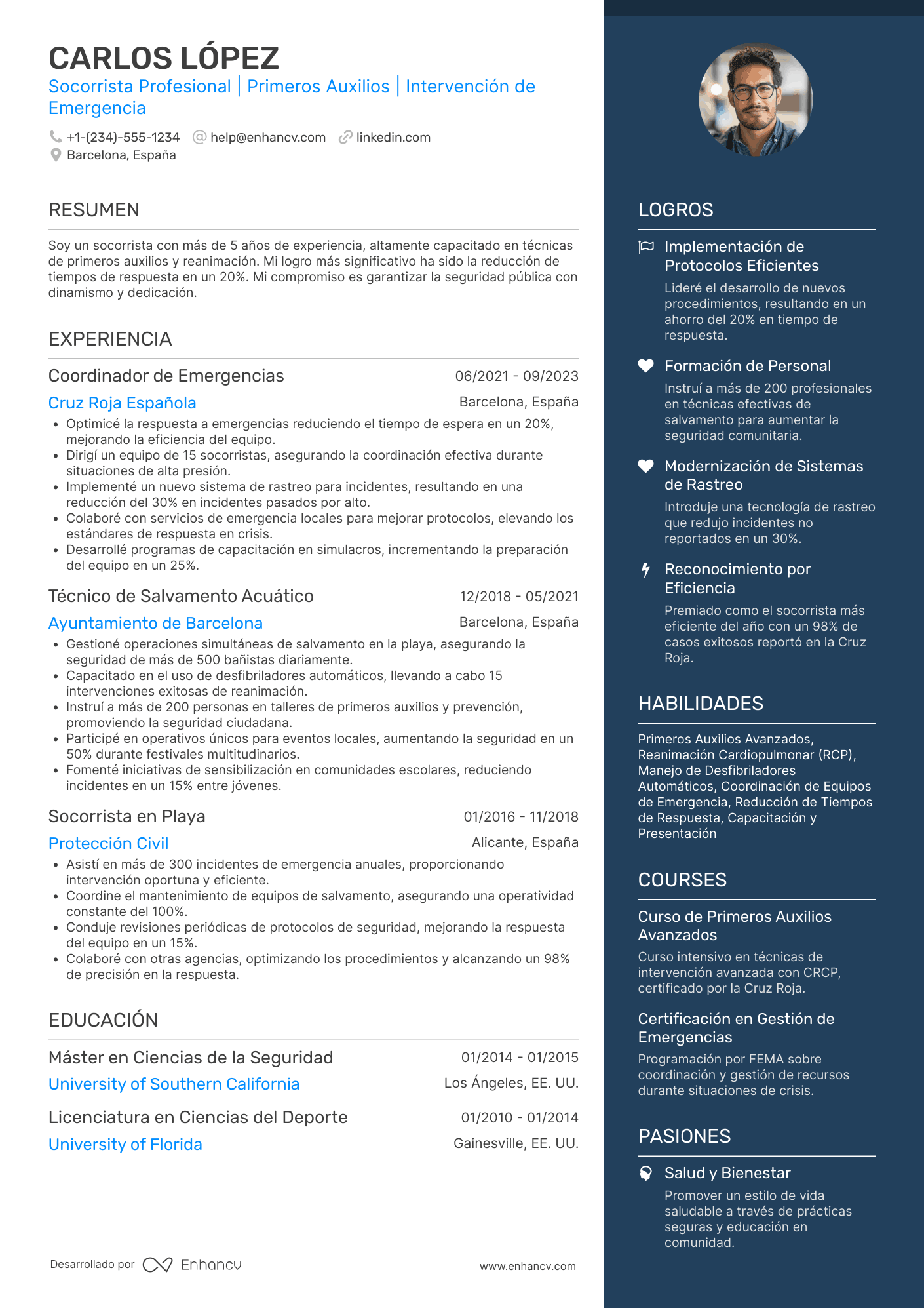 Ejemplo de CV para socorrista profesional de emergencias Resume Example