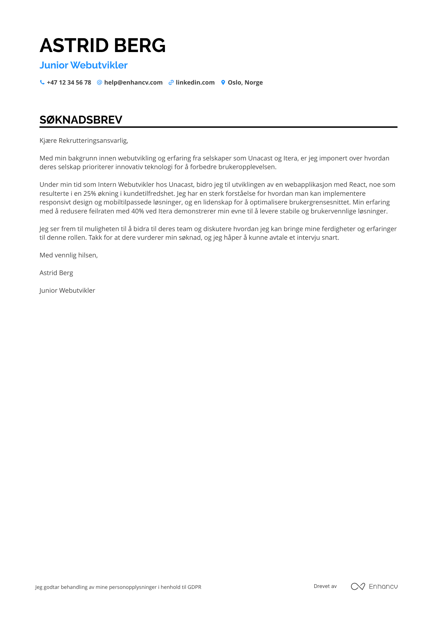 Søknadsbrev for Junior Webutvikler Resume Example