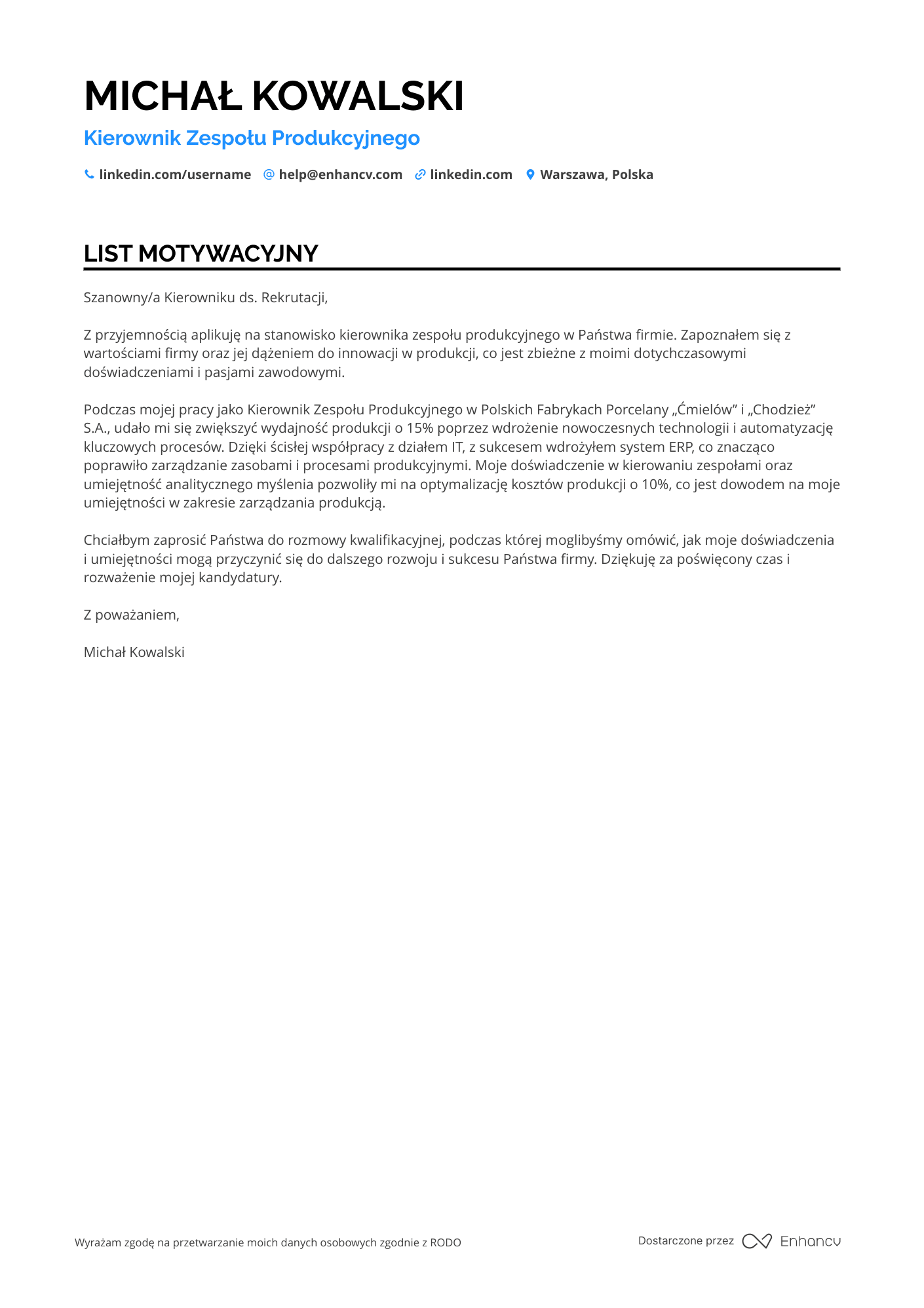 List motywacyjny dla Pracownik Produkcji Starszy Specjalista Resume Example