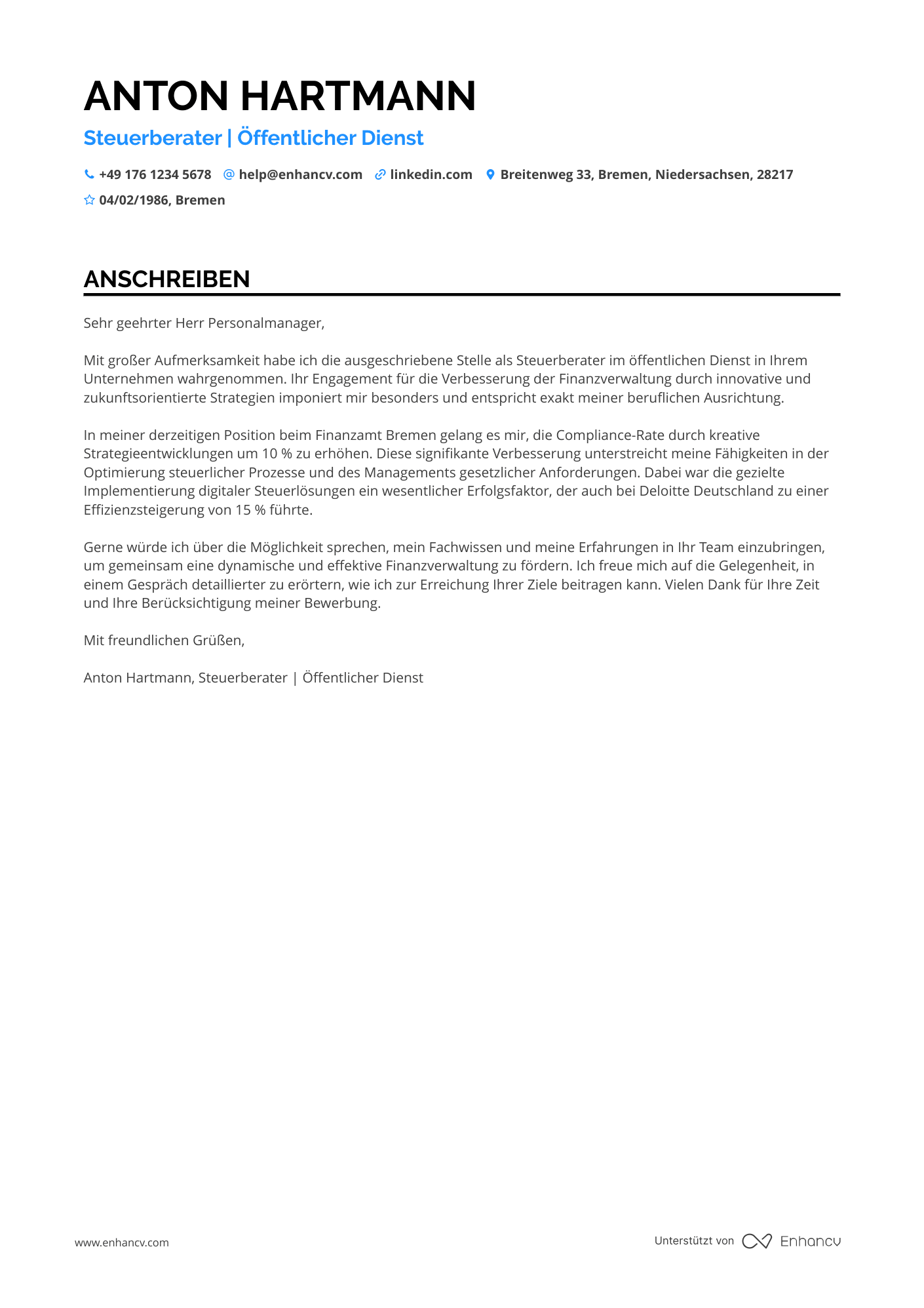 Steuerberater im öffentlichen Dienst Resume Example