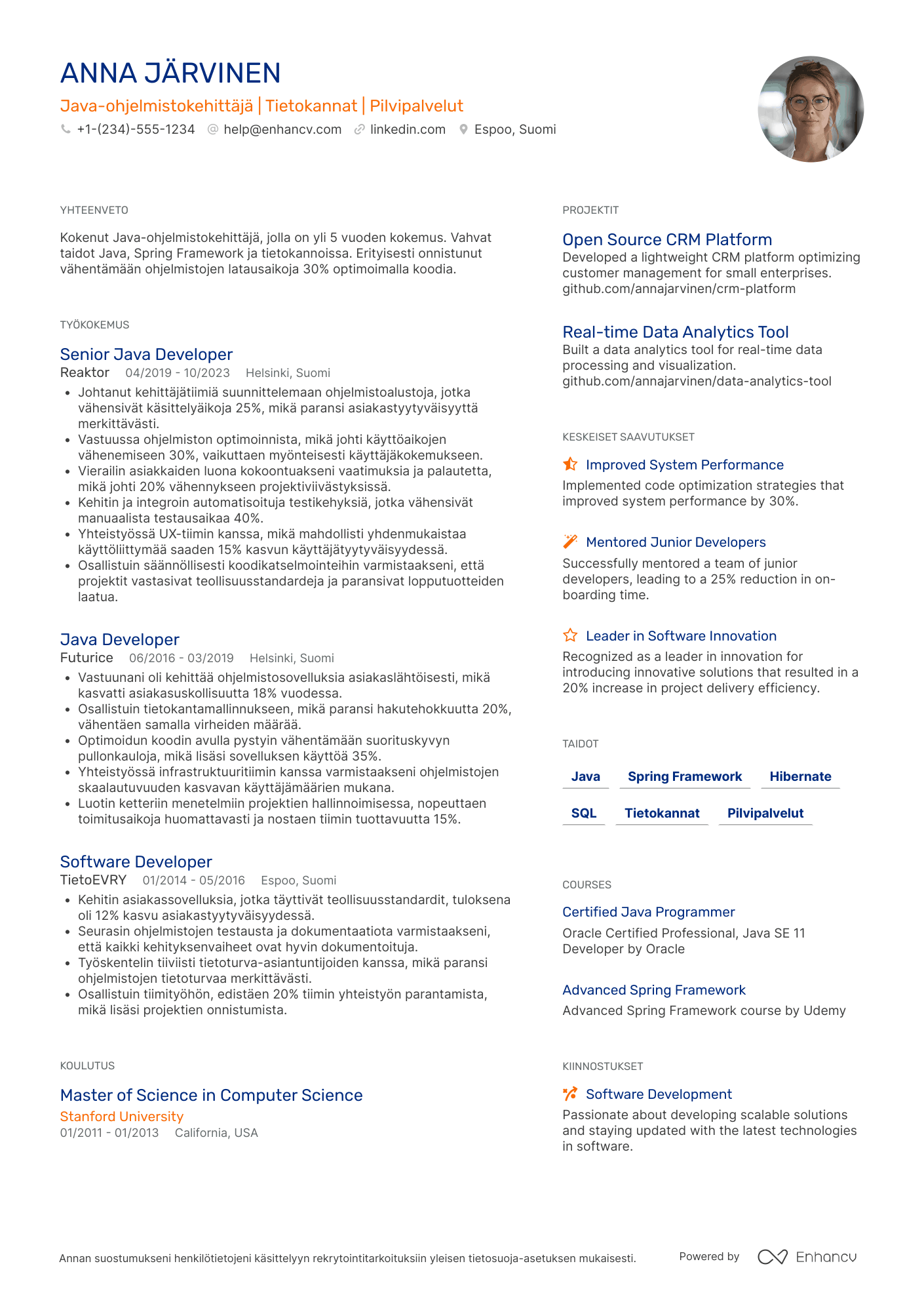 Ansioluettelo Java ohjelmistokehittäjä Resume Example