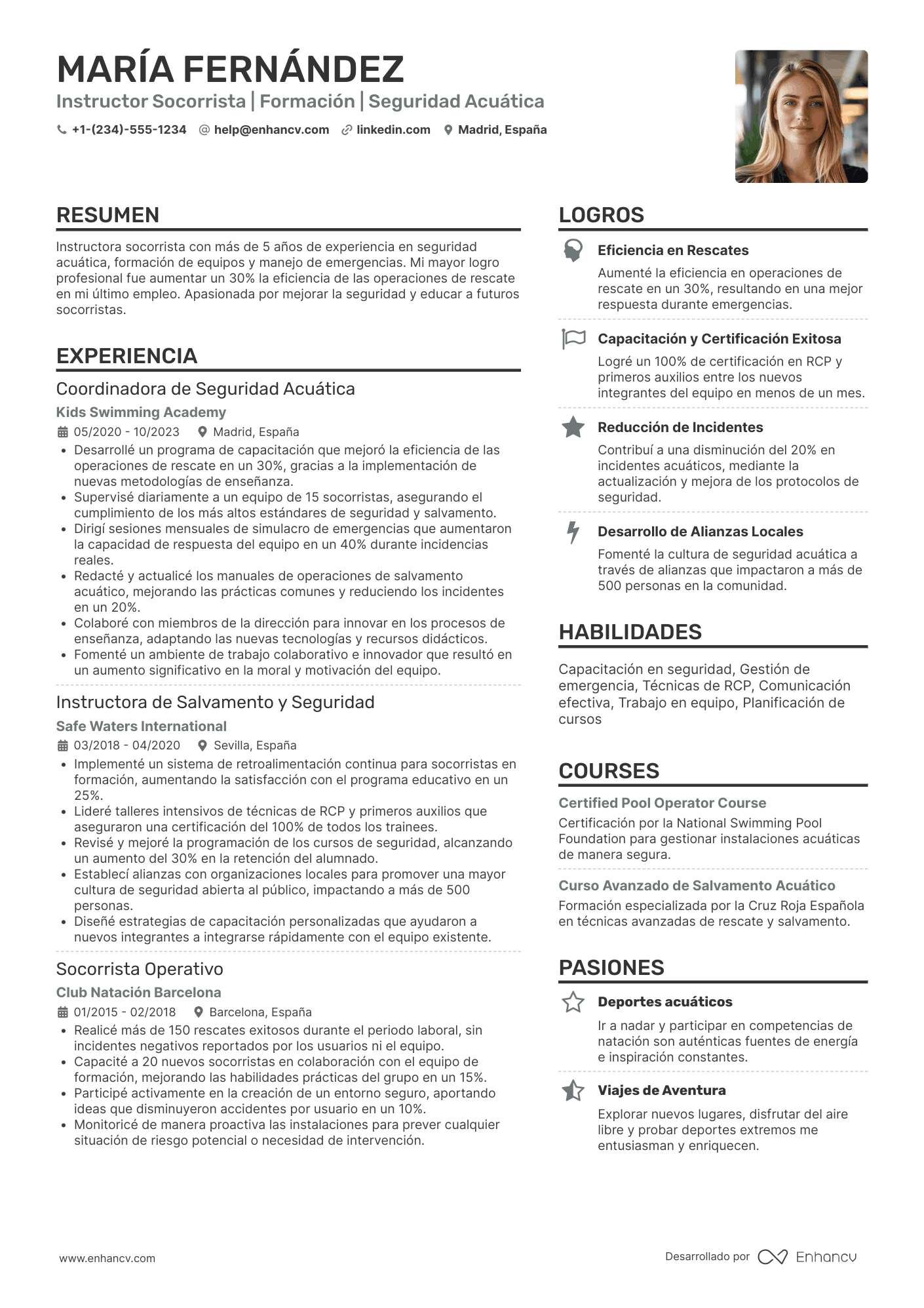 Ejemplo de CV de instructor socorrista con experiencia operativa Resume Example