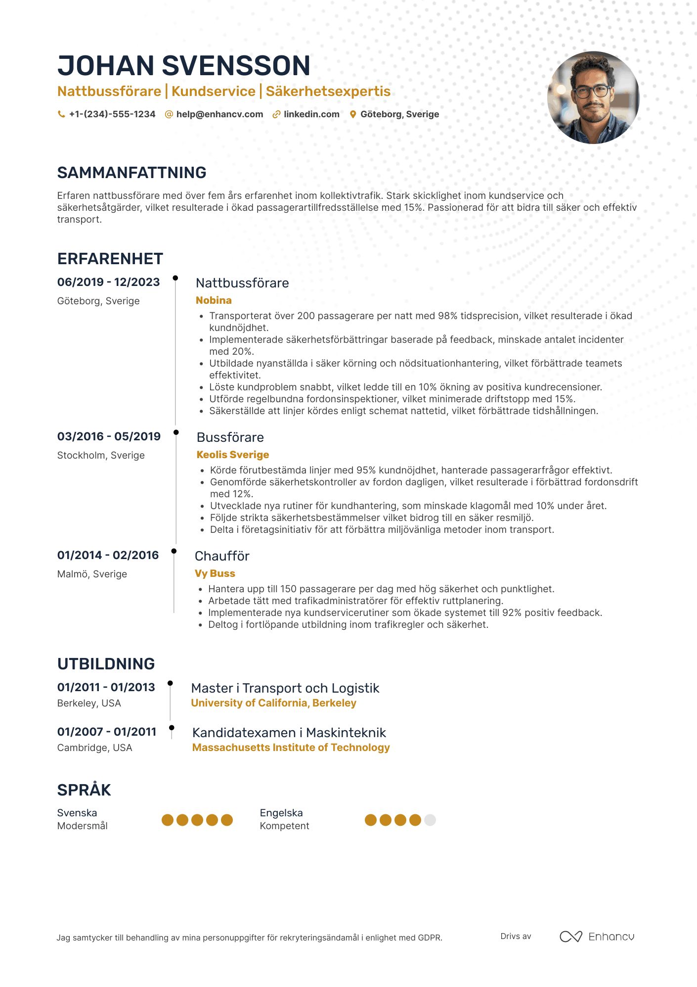 CV för Nattbussförare Resume Example