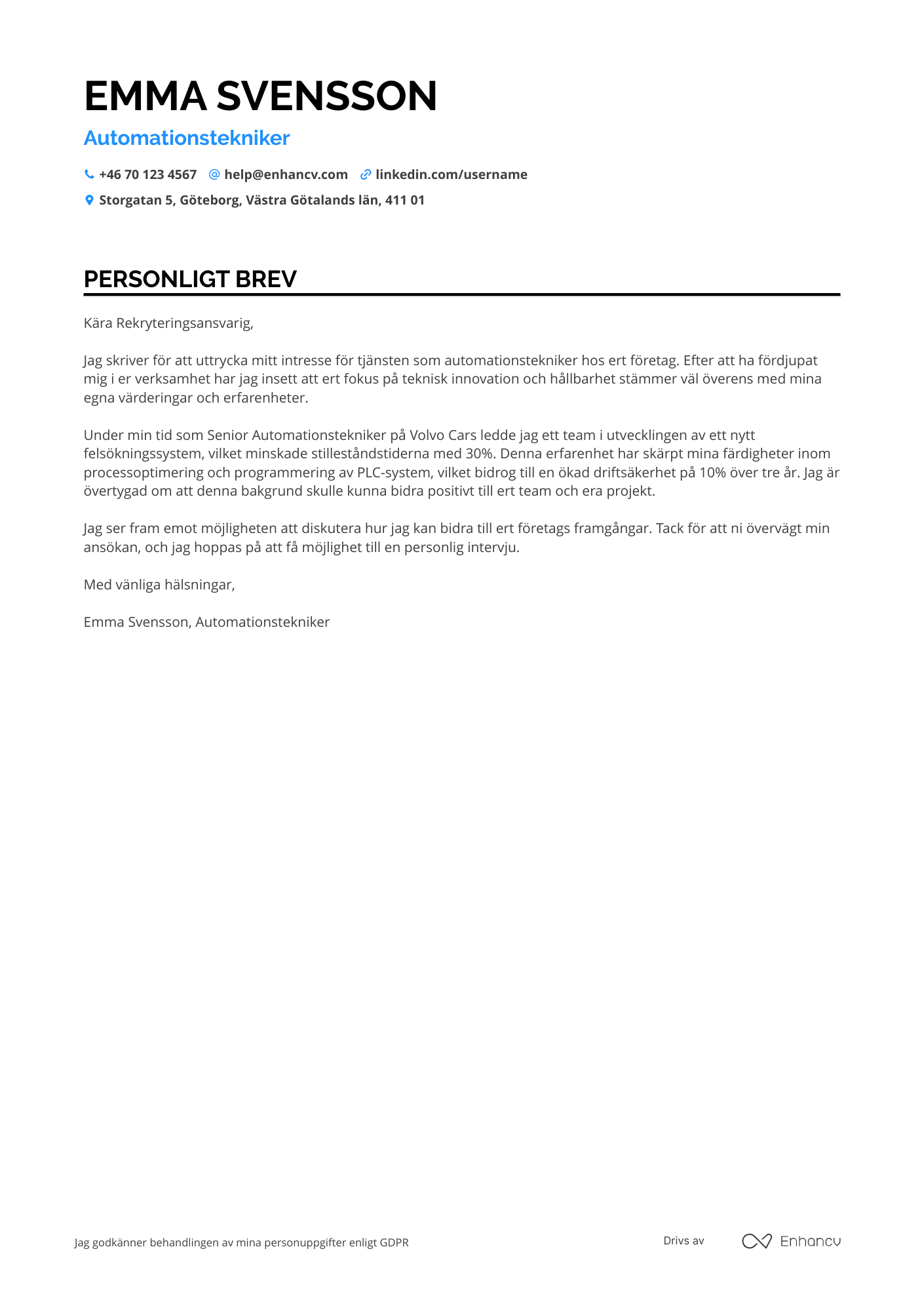 Personligt brev för Automation Underhållstekniker Resume Example