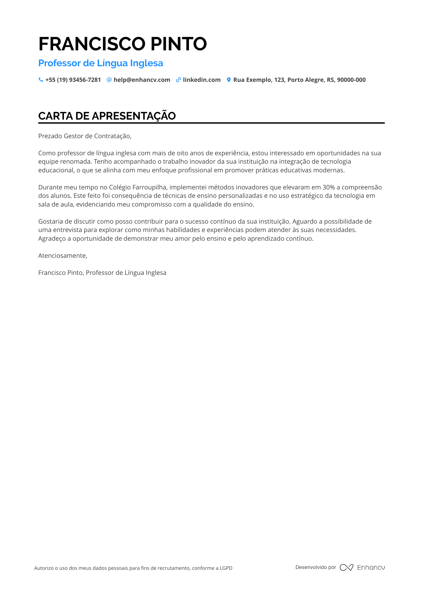 Professor de Língua Inglesa Resume Example