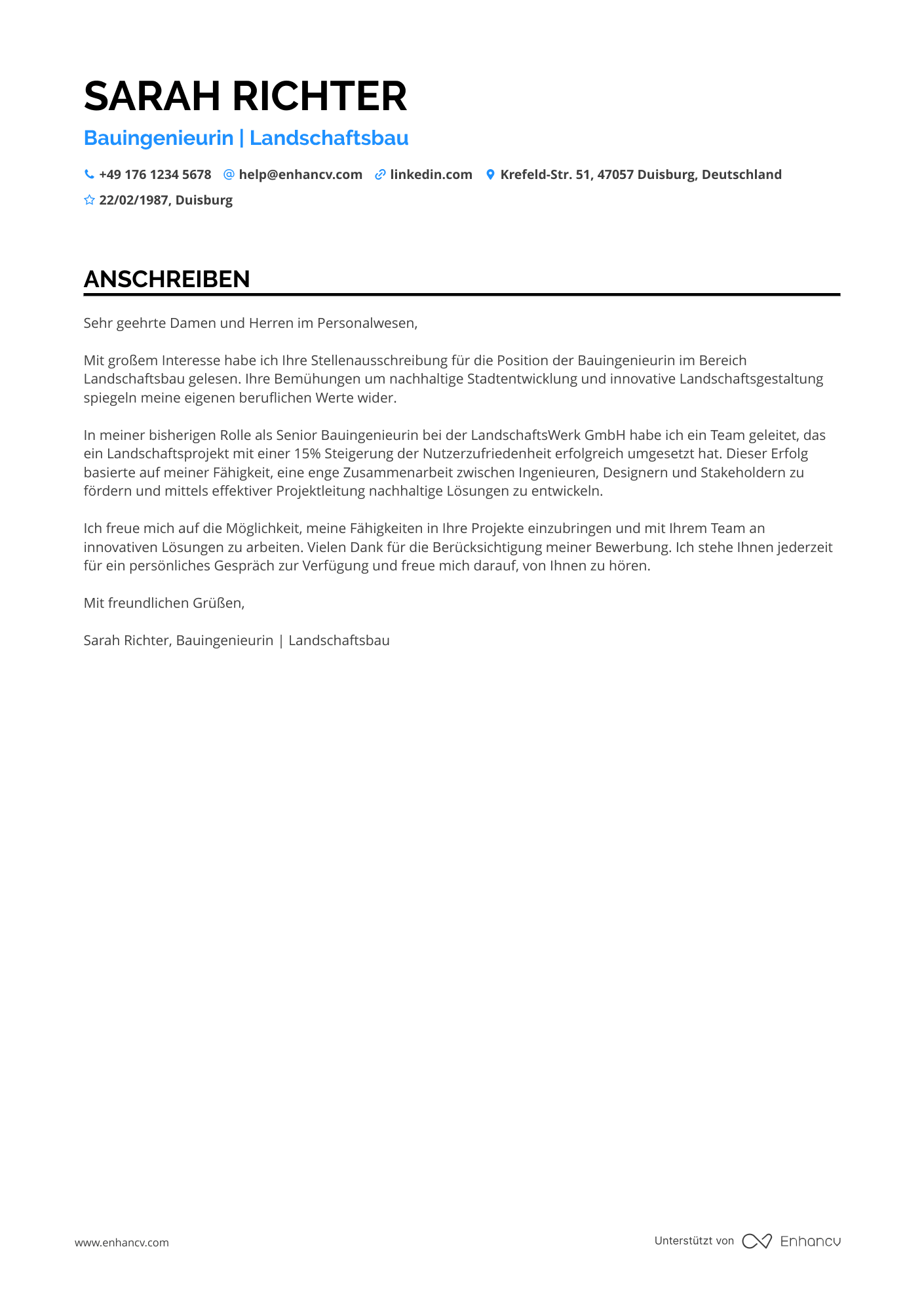 Bauingenieur für Landschaftsbau Resume Example