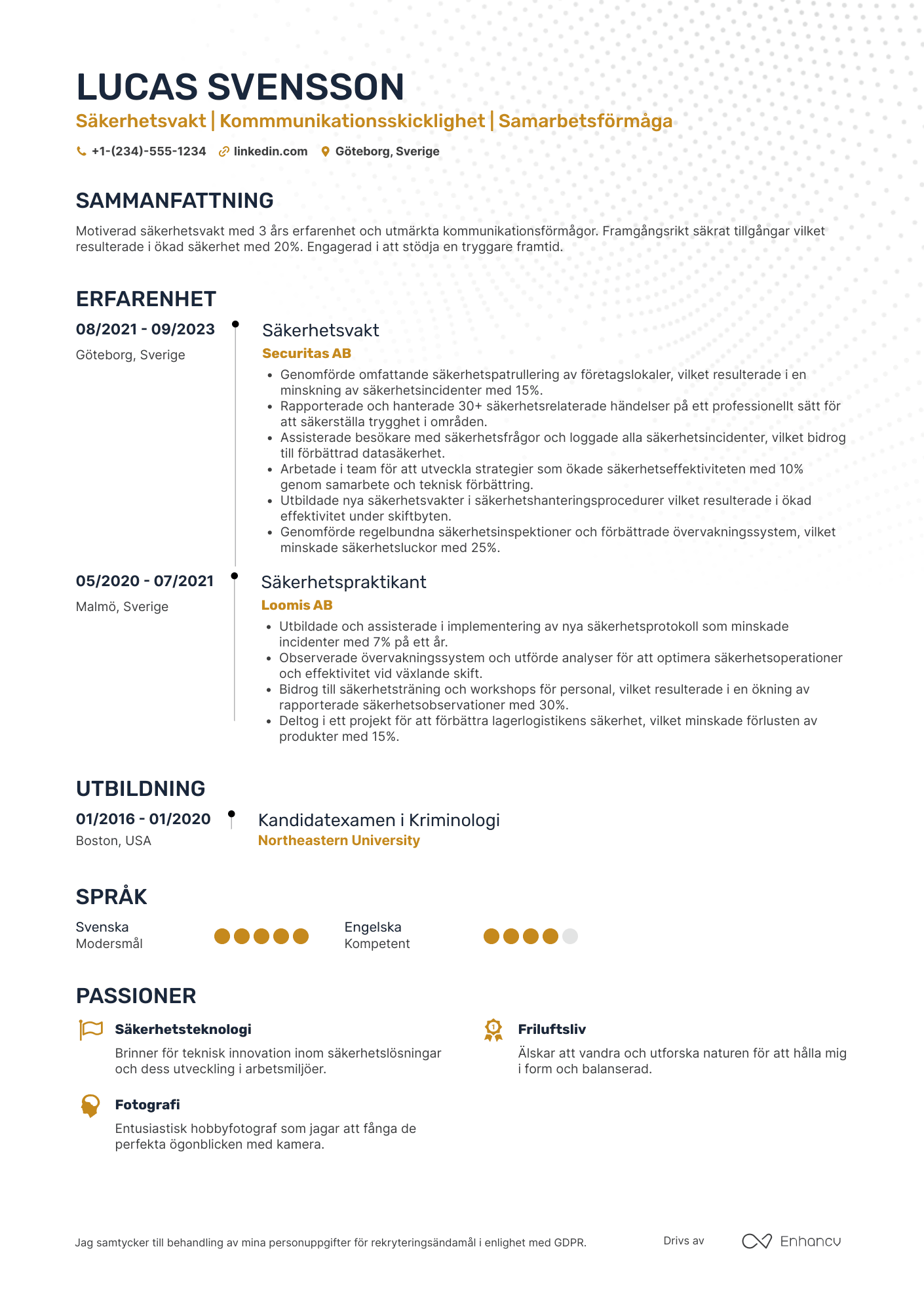 CV för Nybörjare Säkerhetsvakt Resume Example
