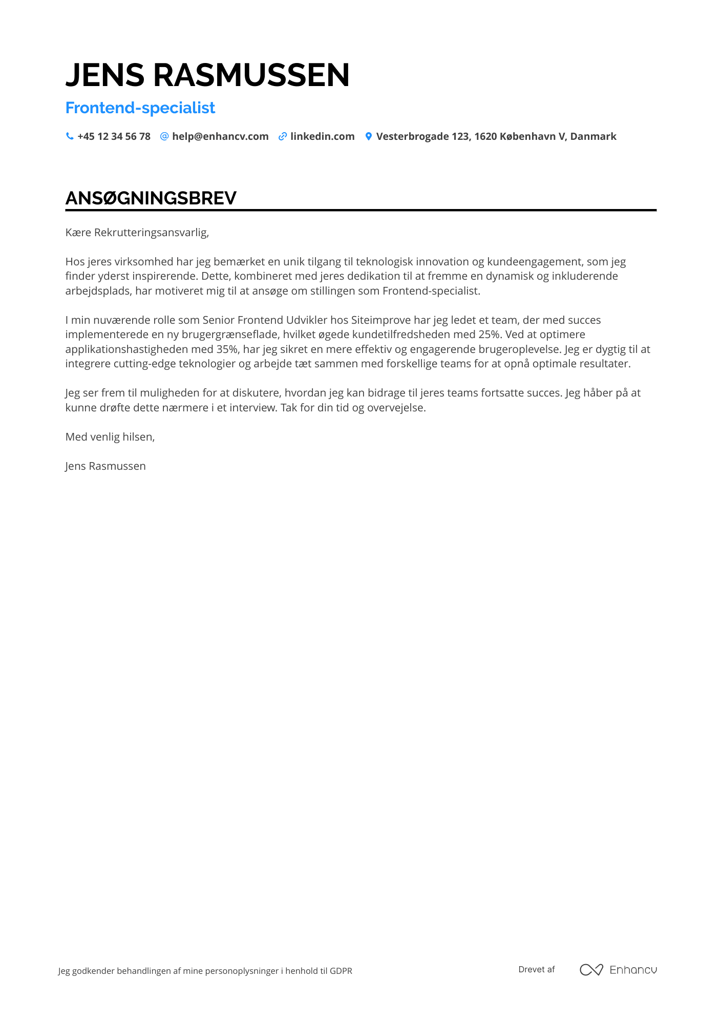 Ansøgningsbrev til Frontend specialist Resume Example