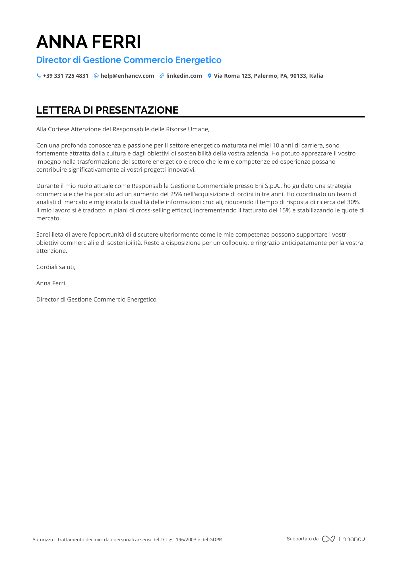 Amministratore Delegato nel Settore dell'Energia Resume Example
