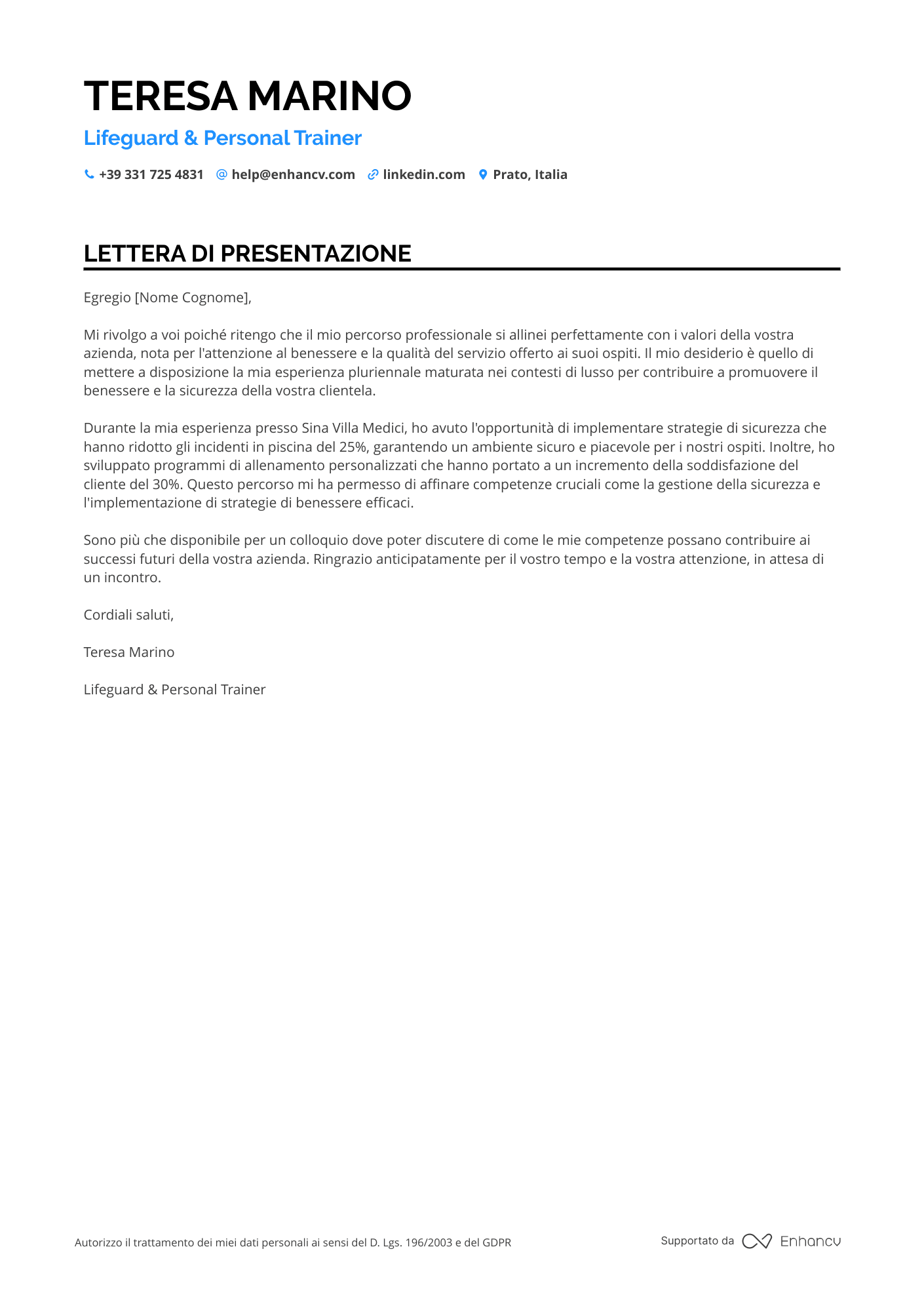 Bagnino Stagionale Resume Example