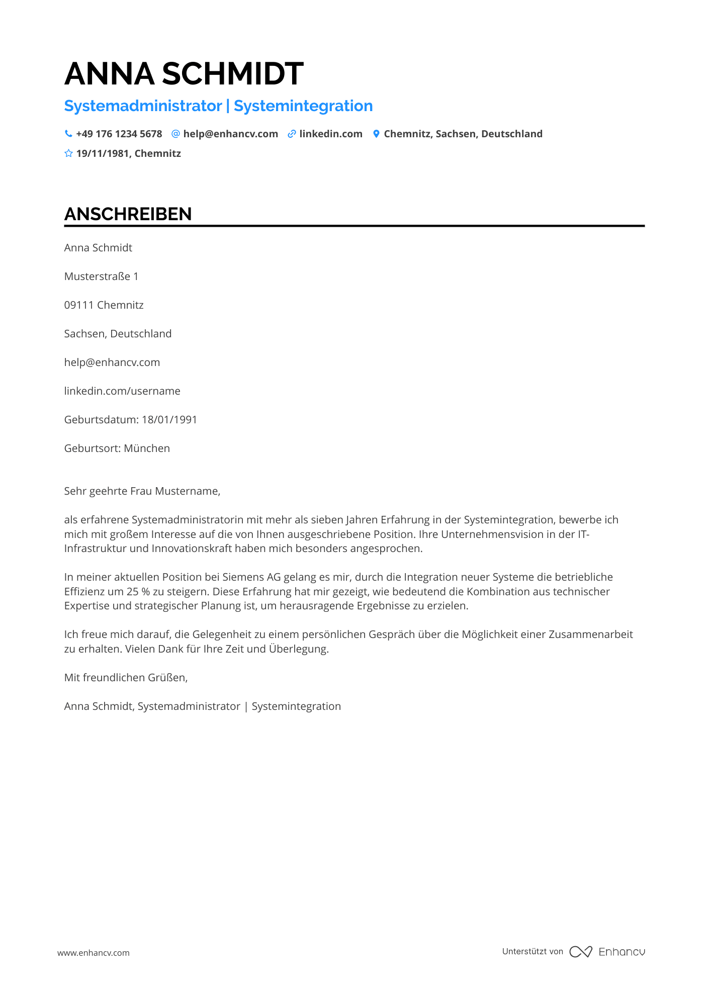 Systemadministrator für Systemintegration Resume Example