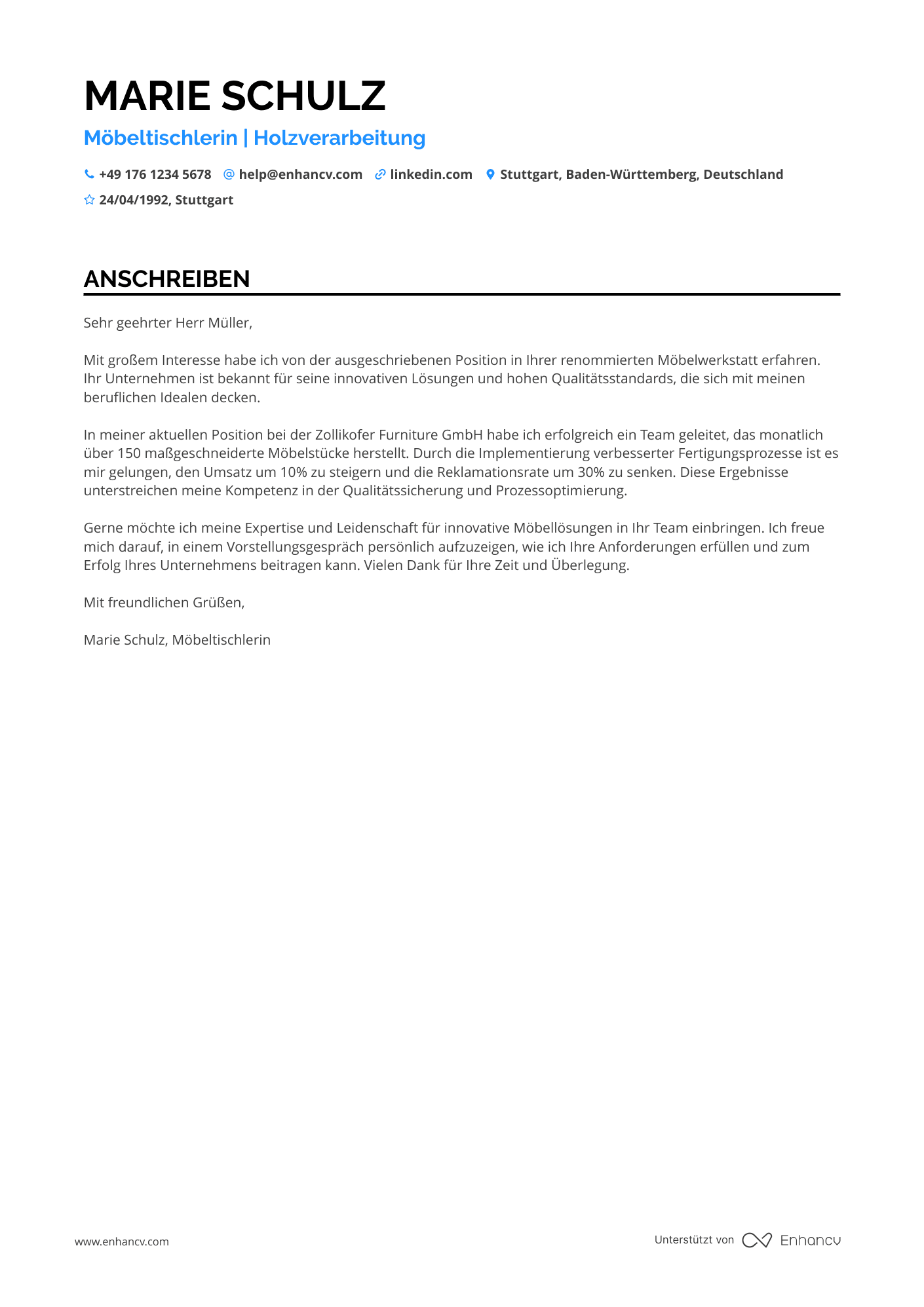 Handwerker in der Möbelindustrie Resume Example