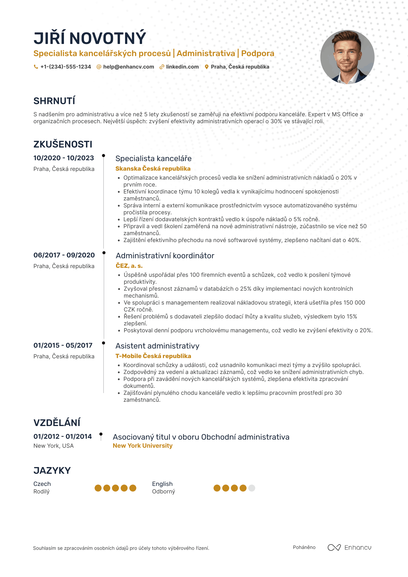 Životopis pro Kancelářský pracovník specialista Resume Example