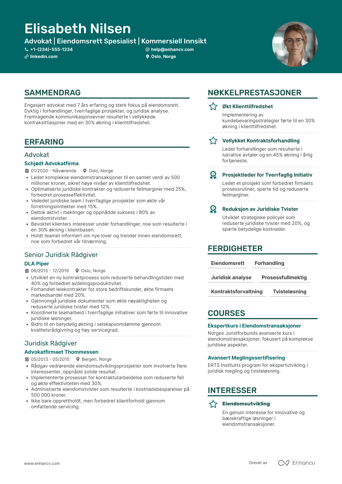 CV for Advokat for eiendomsrett Resume Example