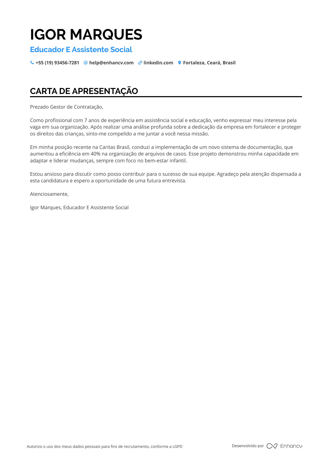 Assistente Social de Crianças e Famílias Resume Example