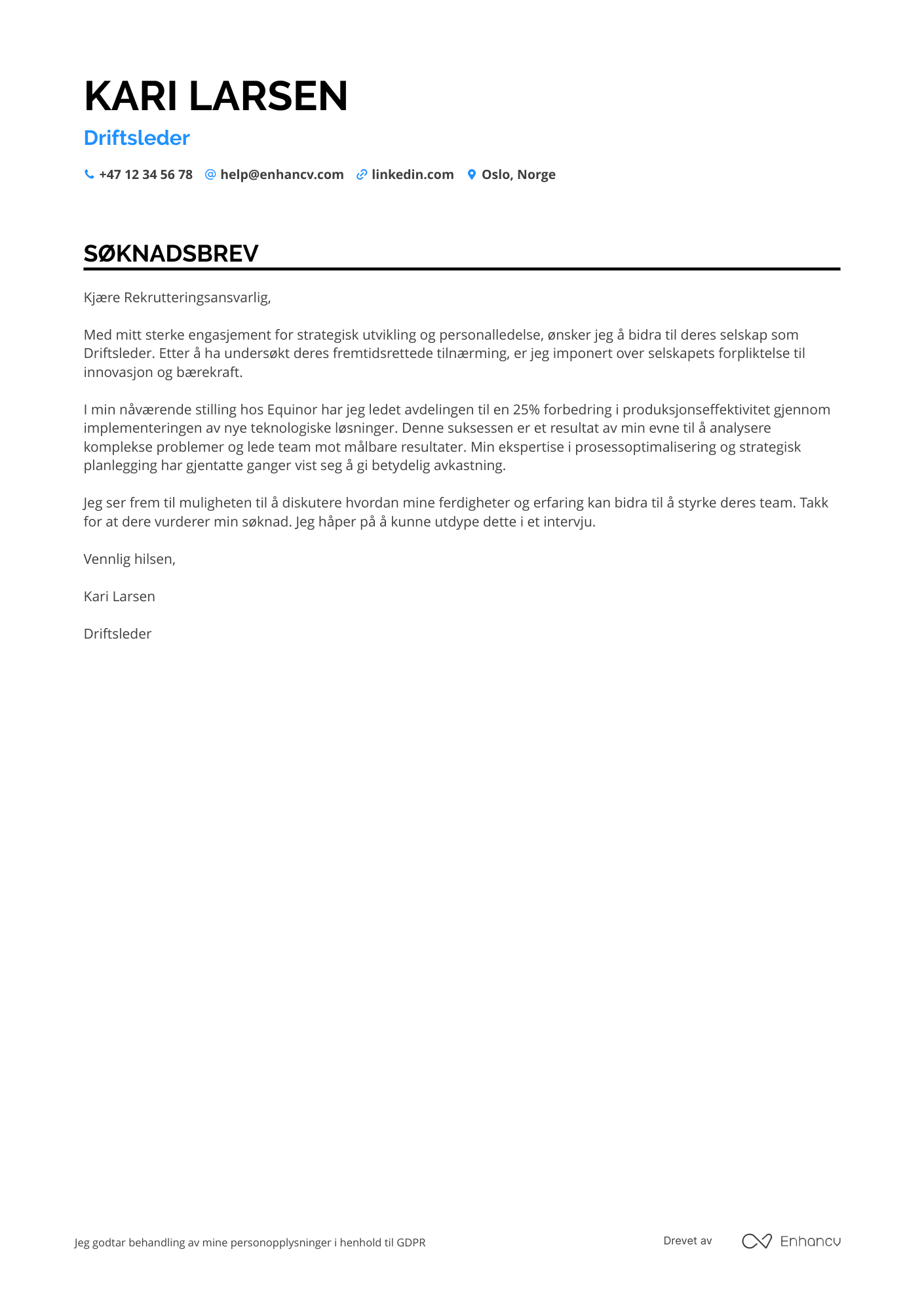 Søknadsbrev for Annet Driftsleder Resume Example