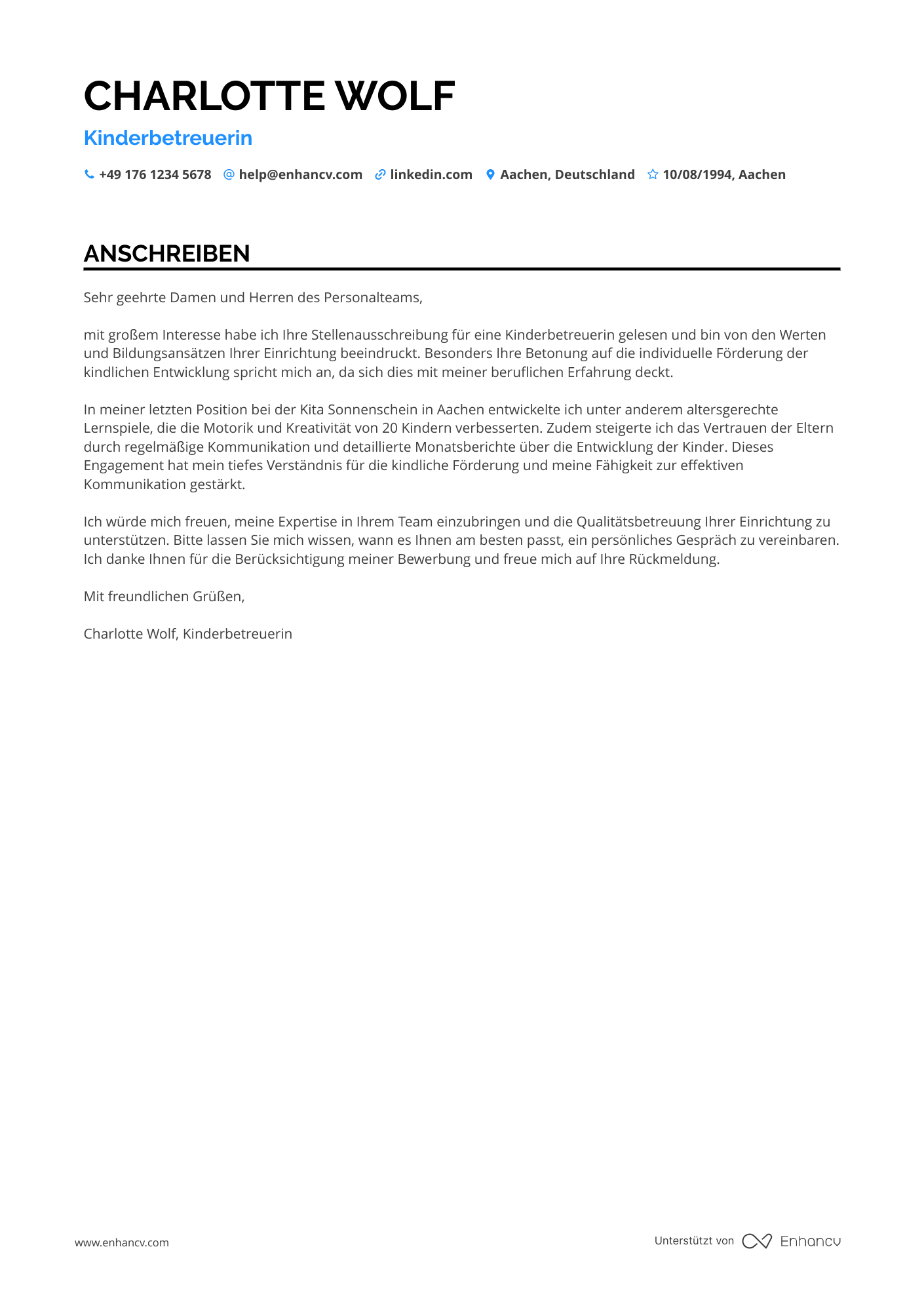 Babysitter für Fitnessstudios Resume Example
