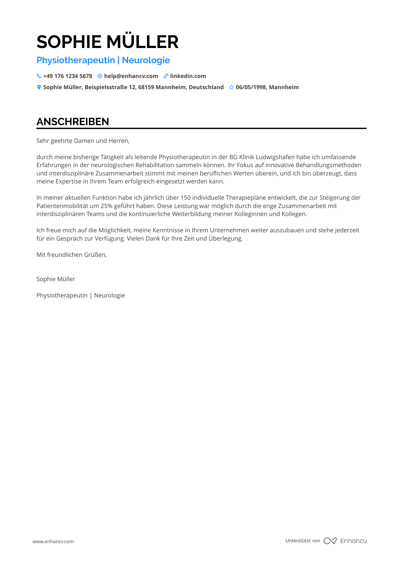 Physiotherapeut in der Neurologie Resume Example