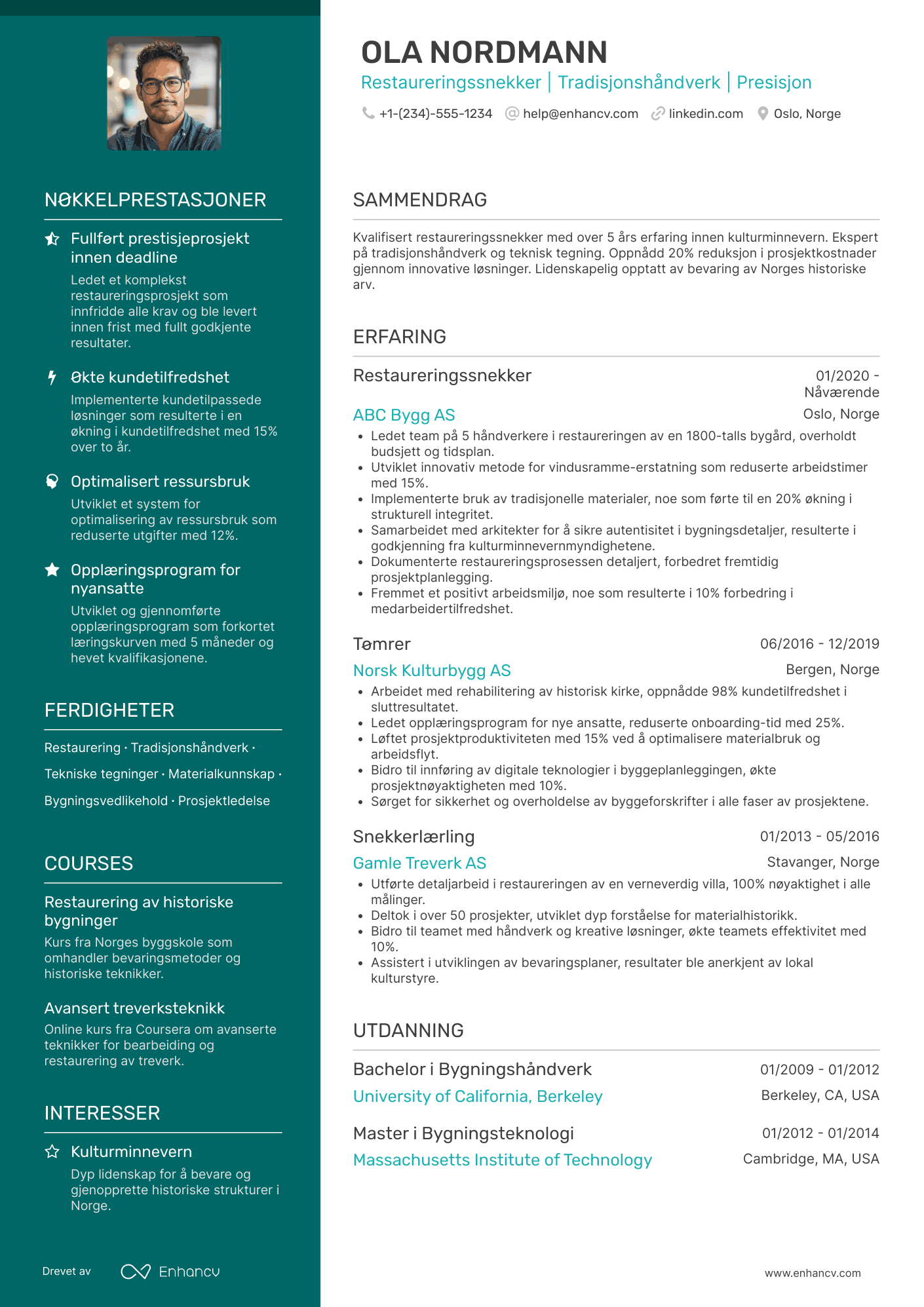 CV for Restaureringssnekker Resume Example