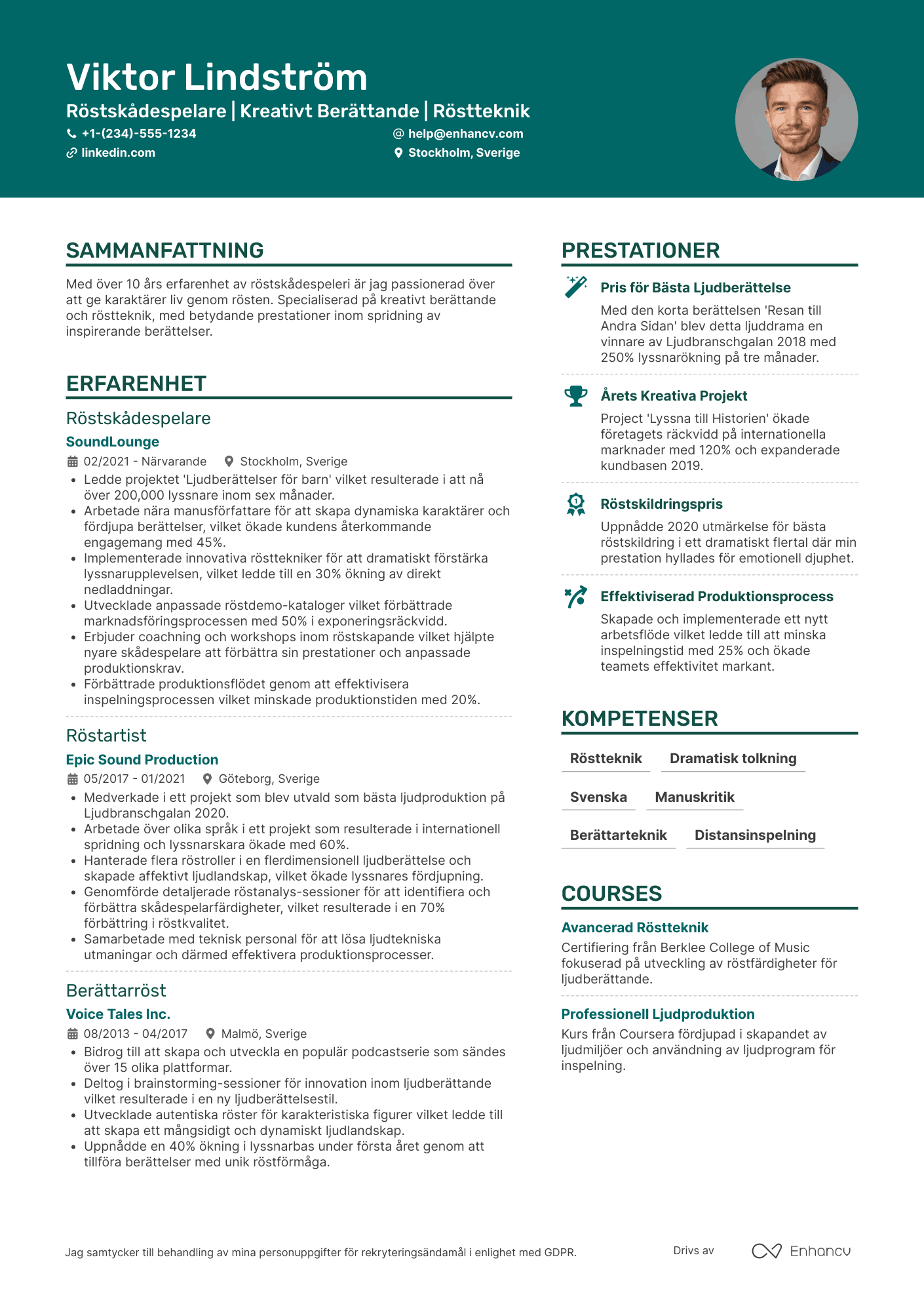 CV för Röstskådespelare för ljudberättelser Resume Example