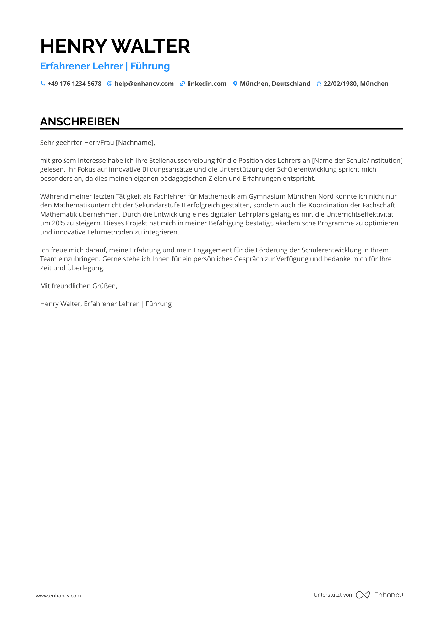 Lehrer mit Führungserfahrung Resume Example
