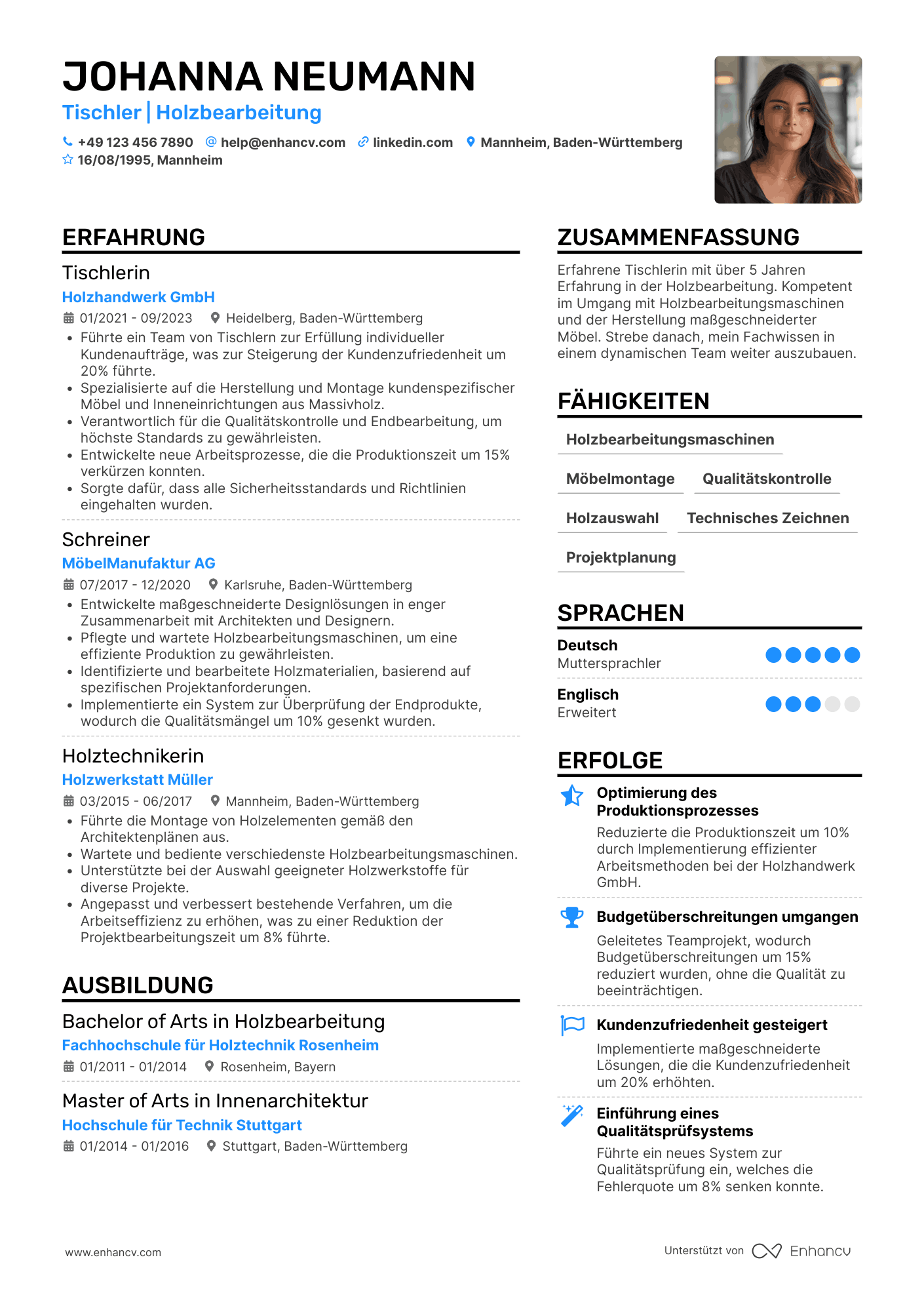 Lebenslauf als Tischler mit 3 5 Jahren Erfahrung Resume Example