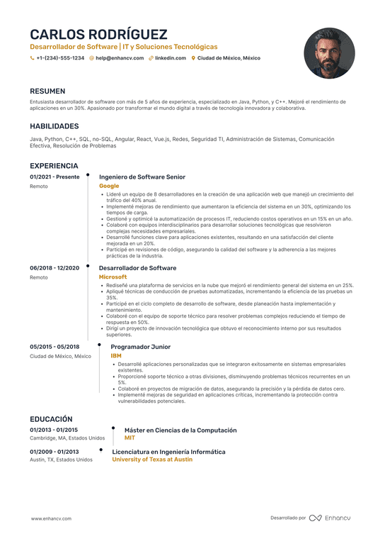 CV para IT y desarrollador de software Resume Example