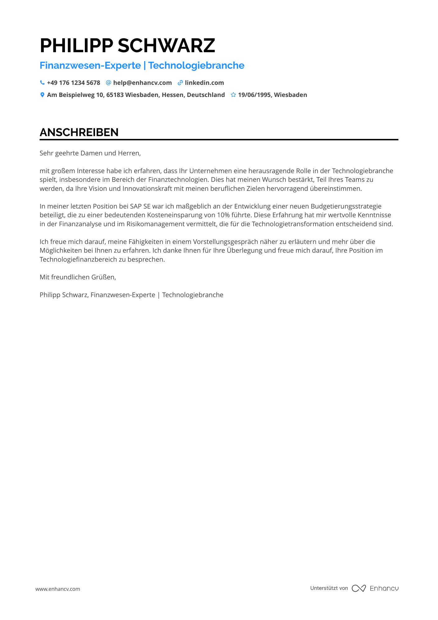 Finanzwesen in der Technologiebranche Resume Example