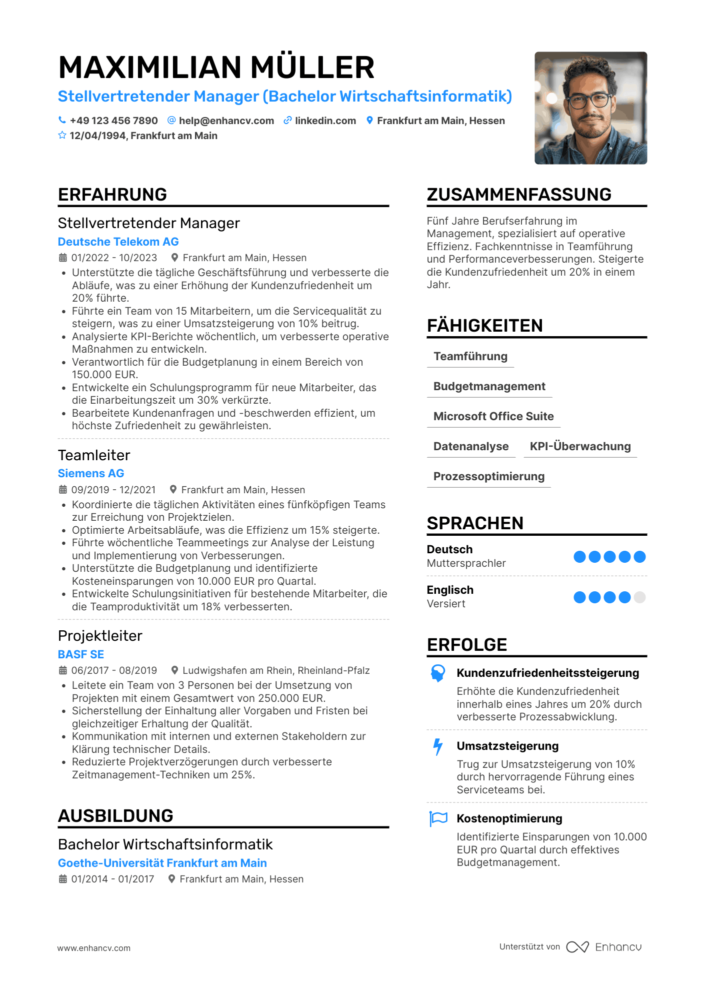 Lebenslauf als Stellvertretender Manager mit 2 Jahren Erfahrung Resume Example