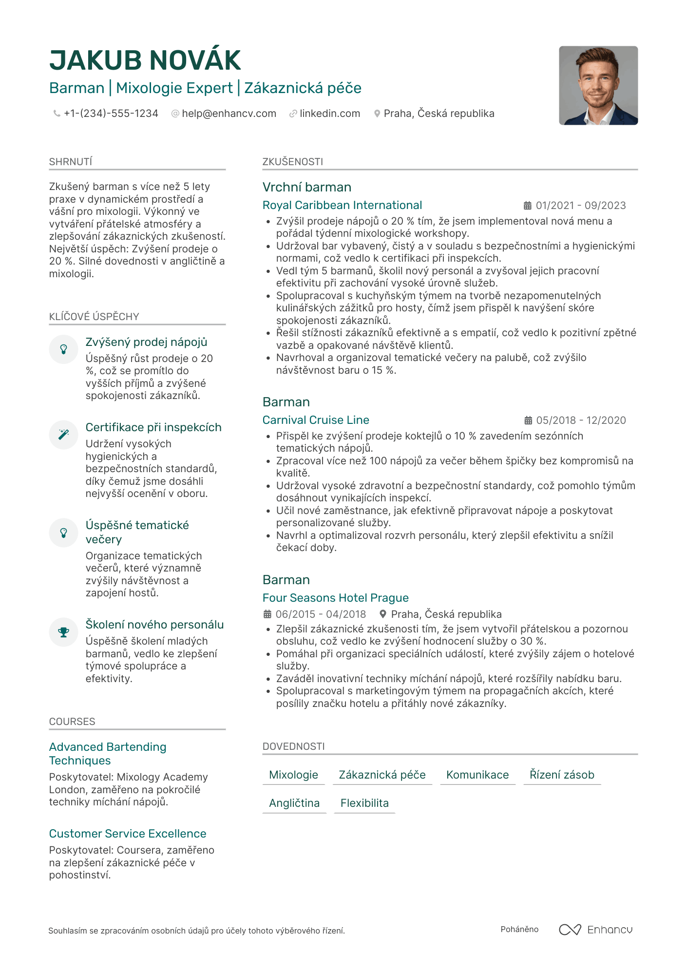 Životopis pro Barman na výletní lodi Resume Example