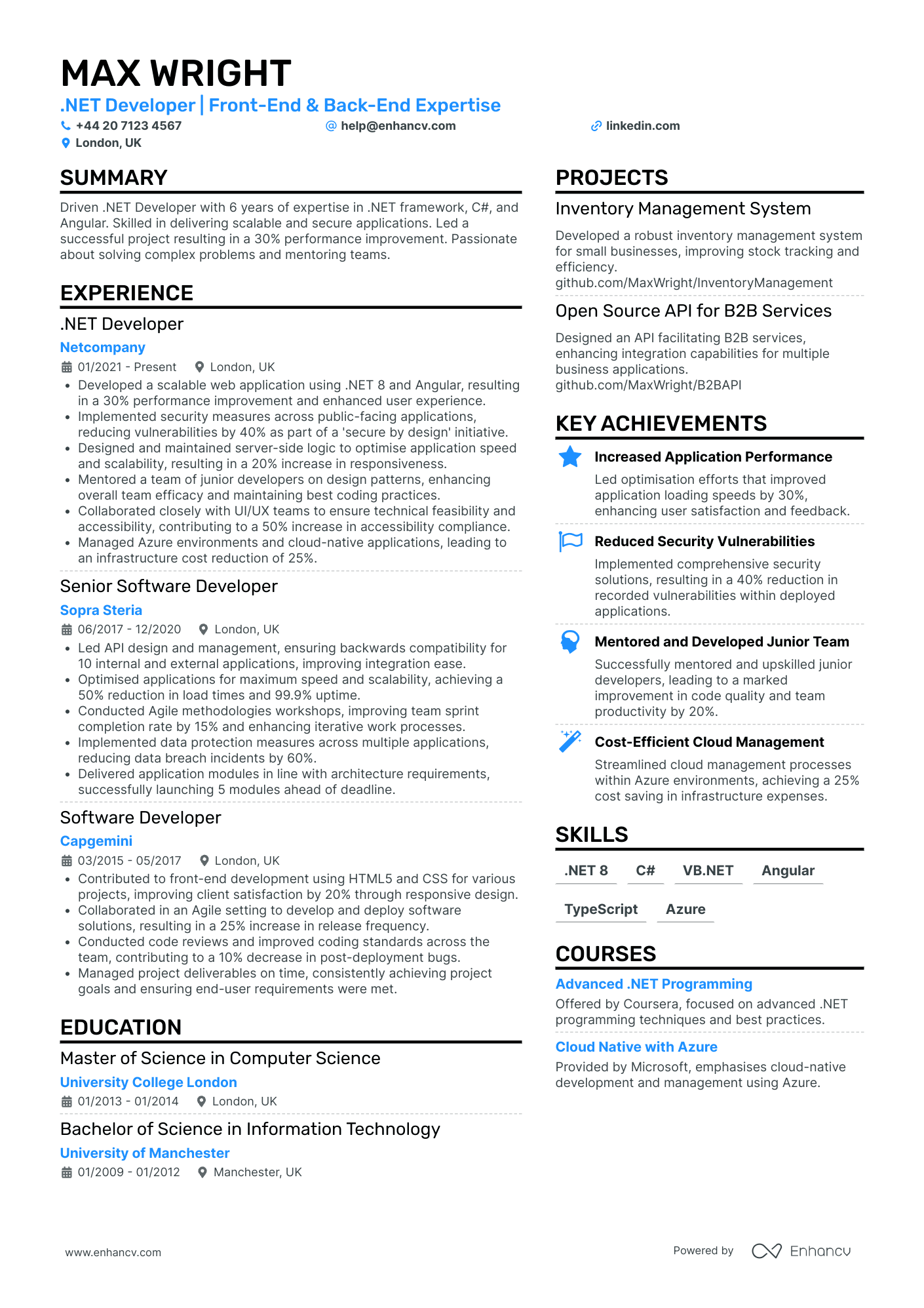 Lead .Net Developer Resume Example