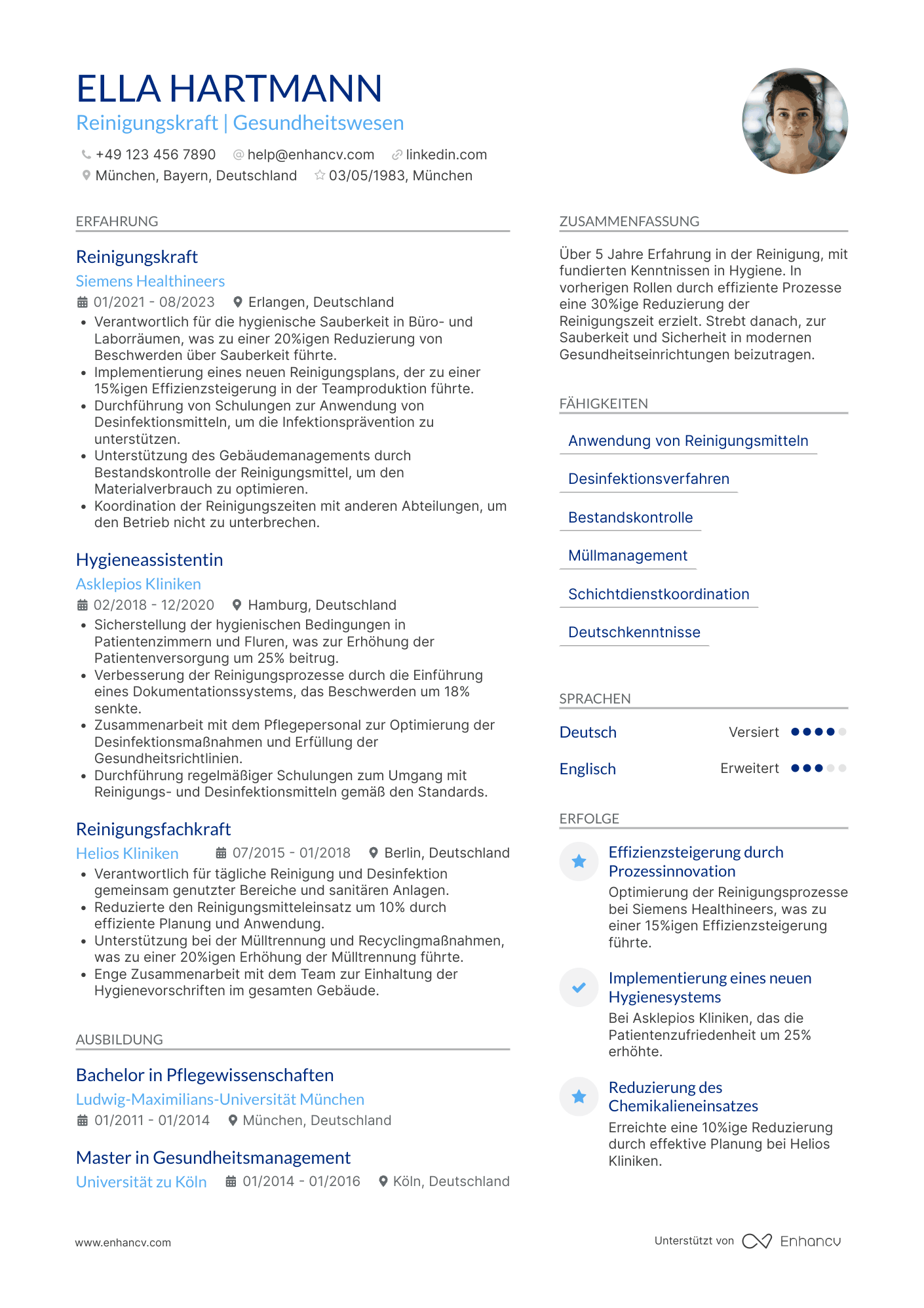 Lebenslauf in Reinigungskraft für Gesundheitswesen Resume Example
