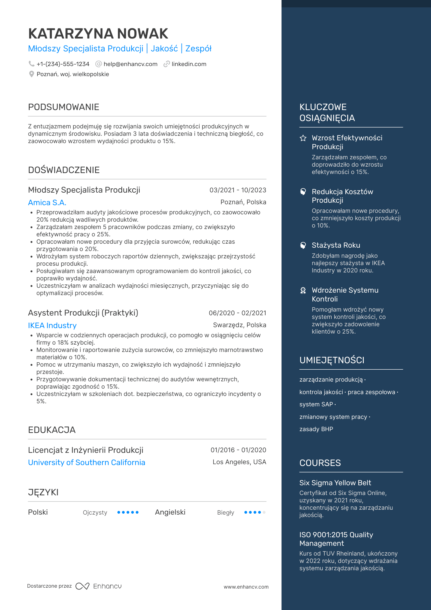 CV dla Pracownik Produkcji Młodszy Specjalista Resume Example