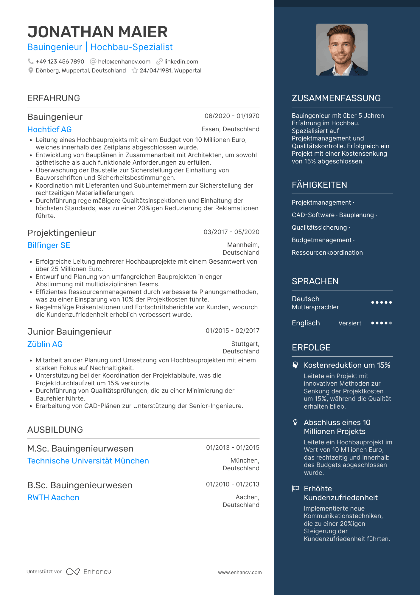 Lebenslauf als Bauingenieur im Hochbau Resume Example