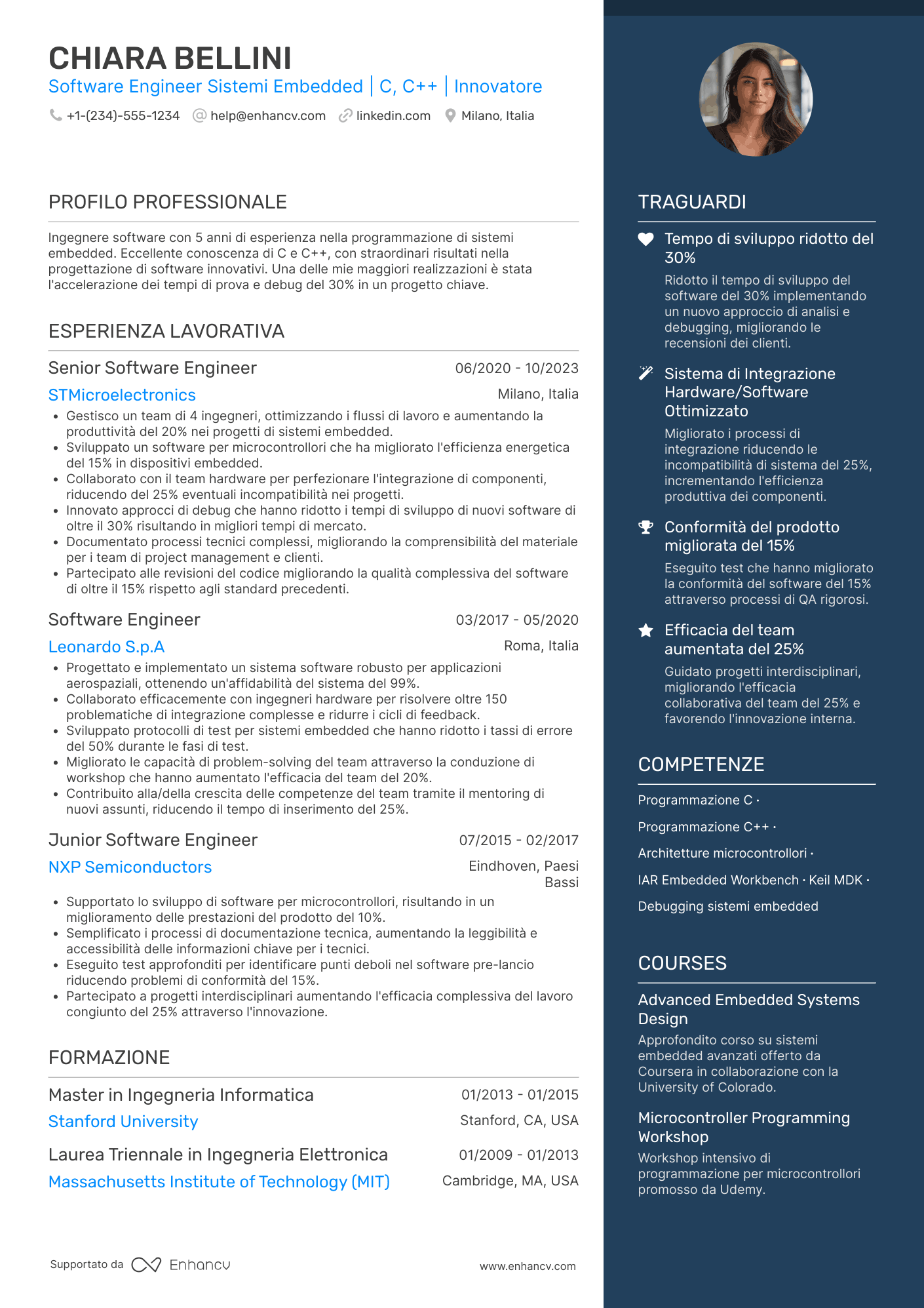 Esempio di CV software engineer embedded systems Resume Example