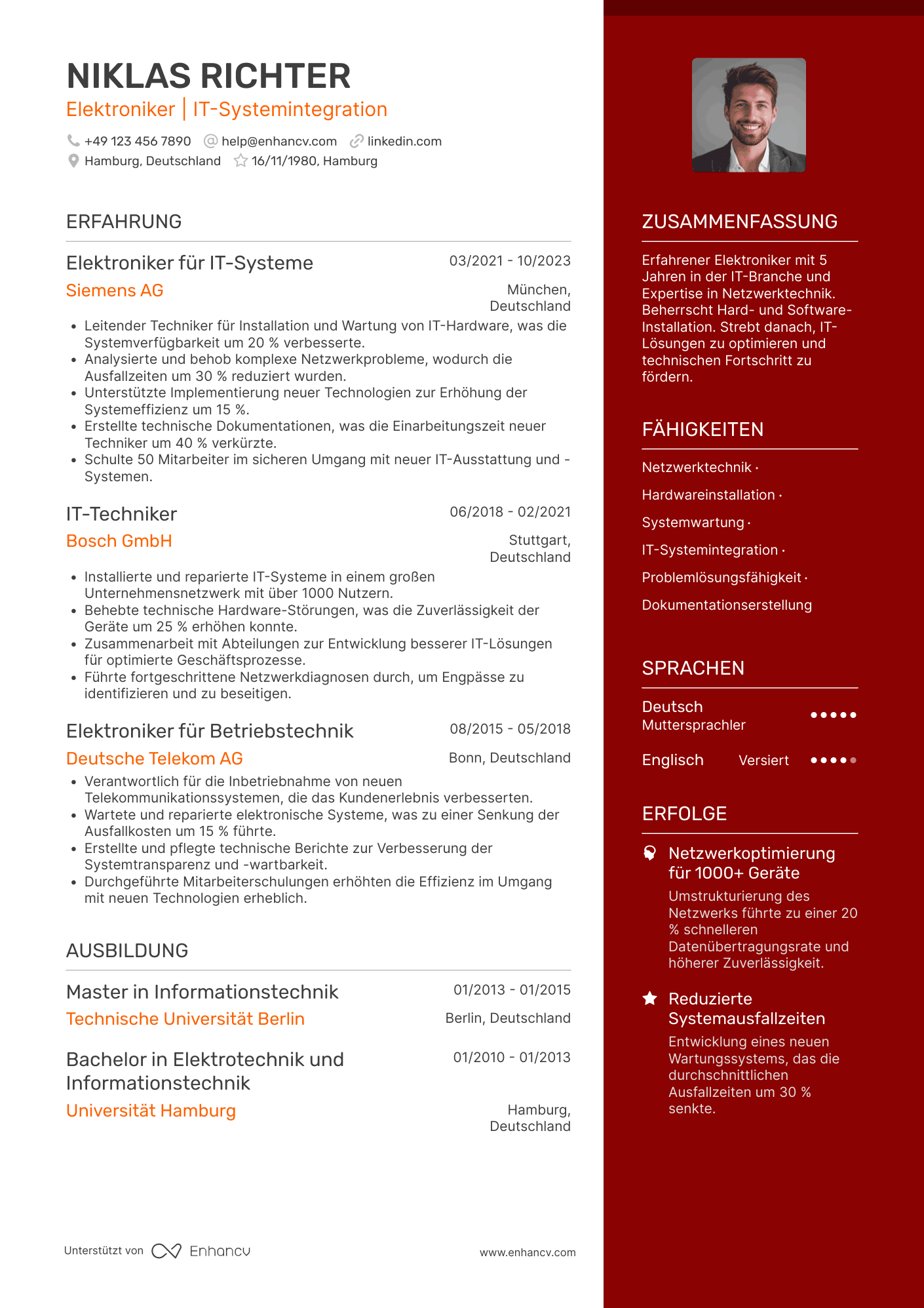 Lebenslauf in Elektroniker in der IT Branche Resume Example