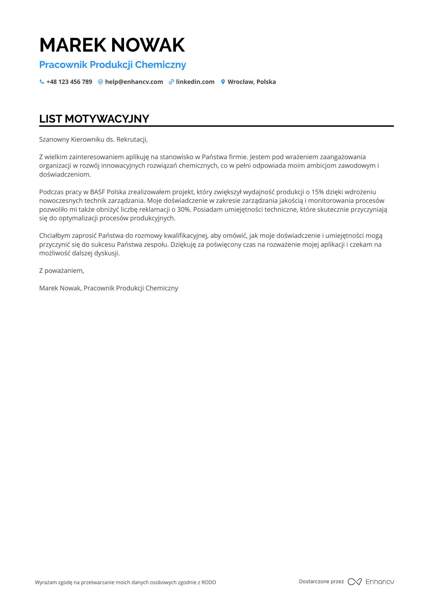 List motywacyjny dla Pracownik Produkcji Chemiczny Resume Example