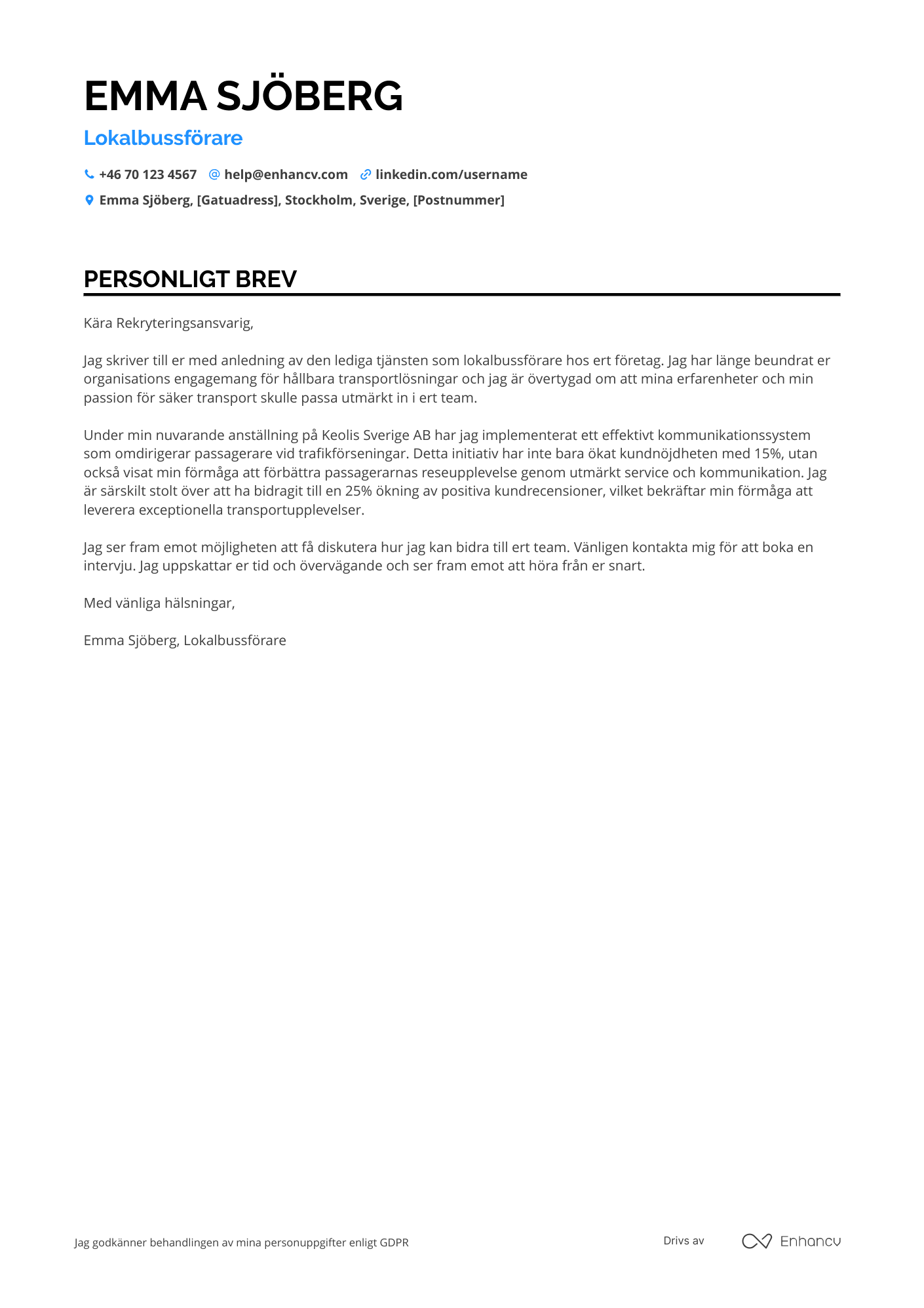 Personligt brev för Lokalbussförare Resume Example