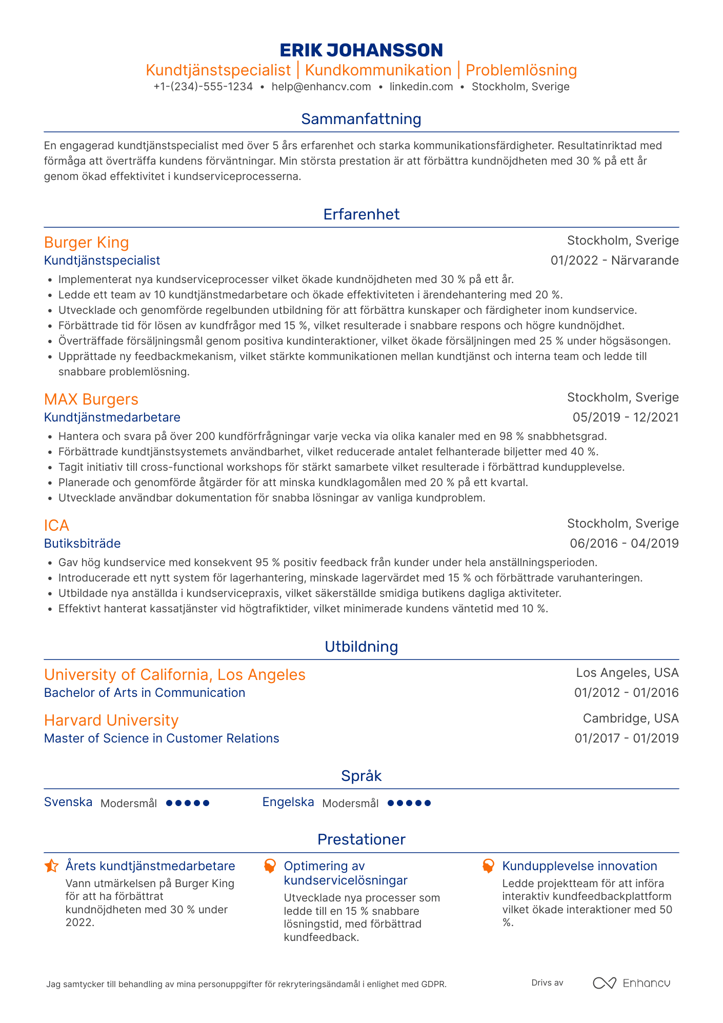 CV för McDonald's Kundtjänstrepresentant Resume Example