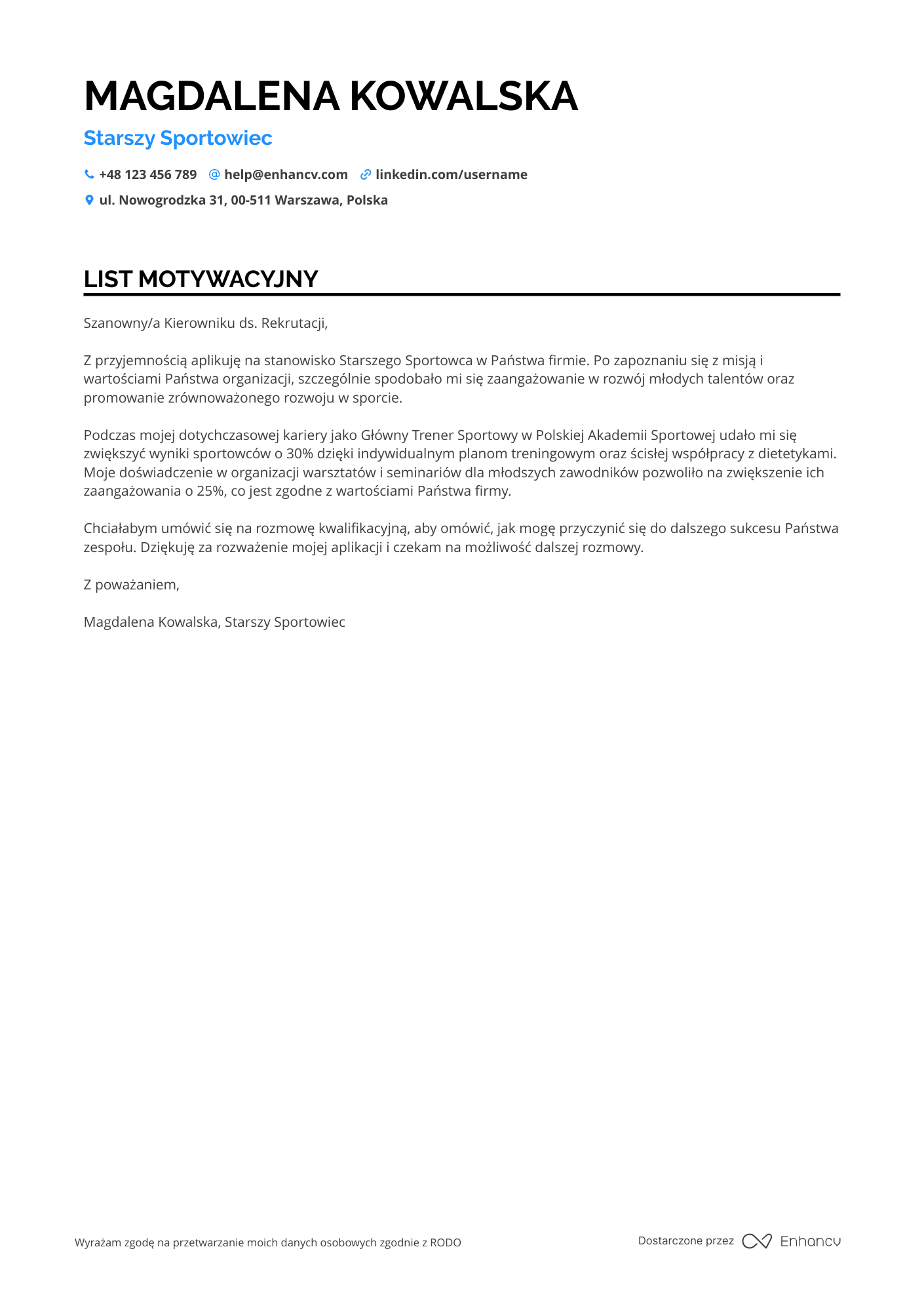 List motywacyjny dla Starszy Sportowiec Resume Example