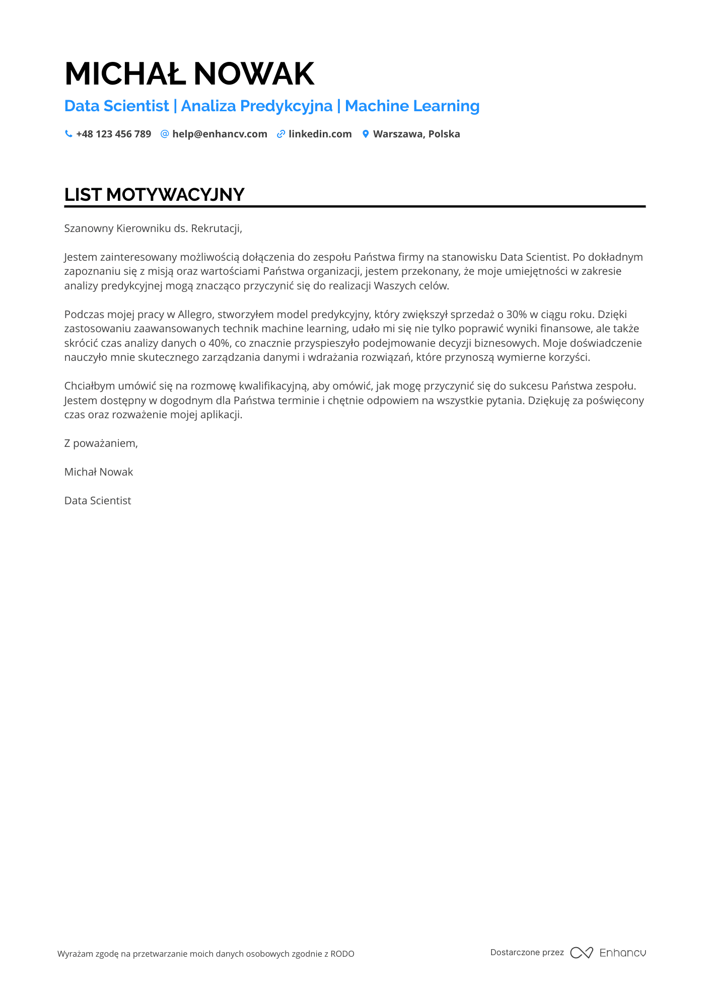 List motywacyjny dla Predictive Analytics Data Scientist Resume Example