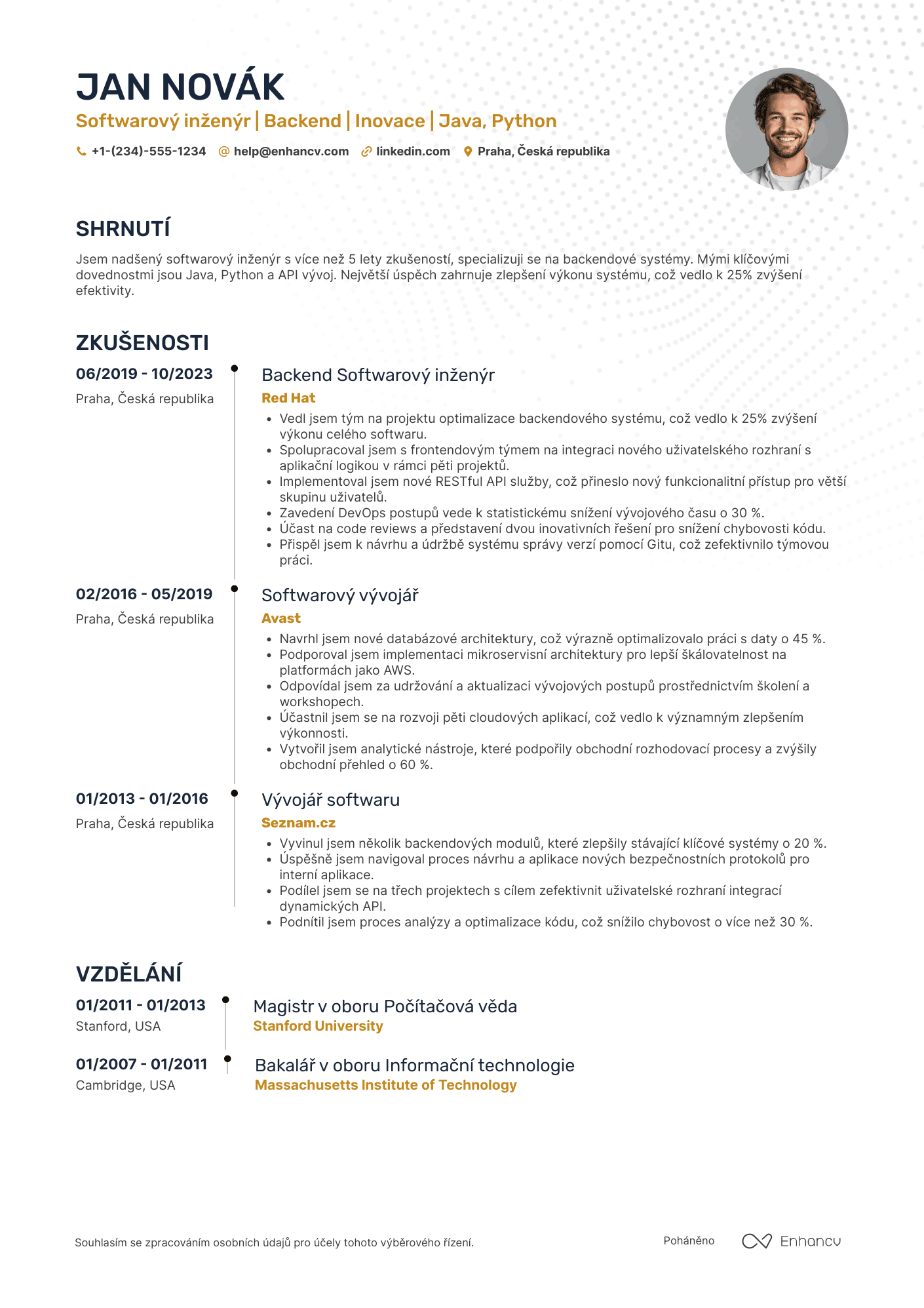 Životopis pro Softwarový inženýr backend Resume Example