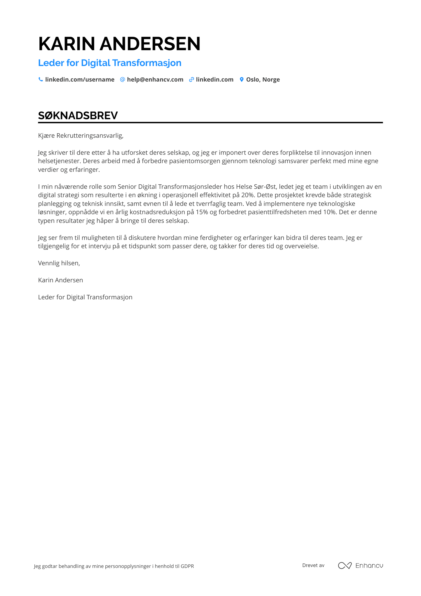 Søknadsbrev for Leder for digital transformasjon i helsesektoren Resume Example