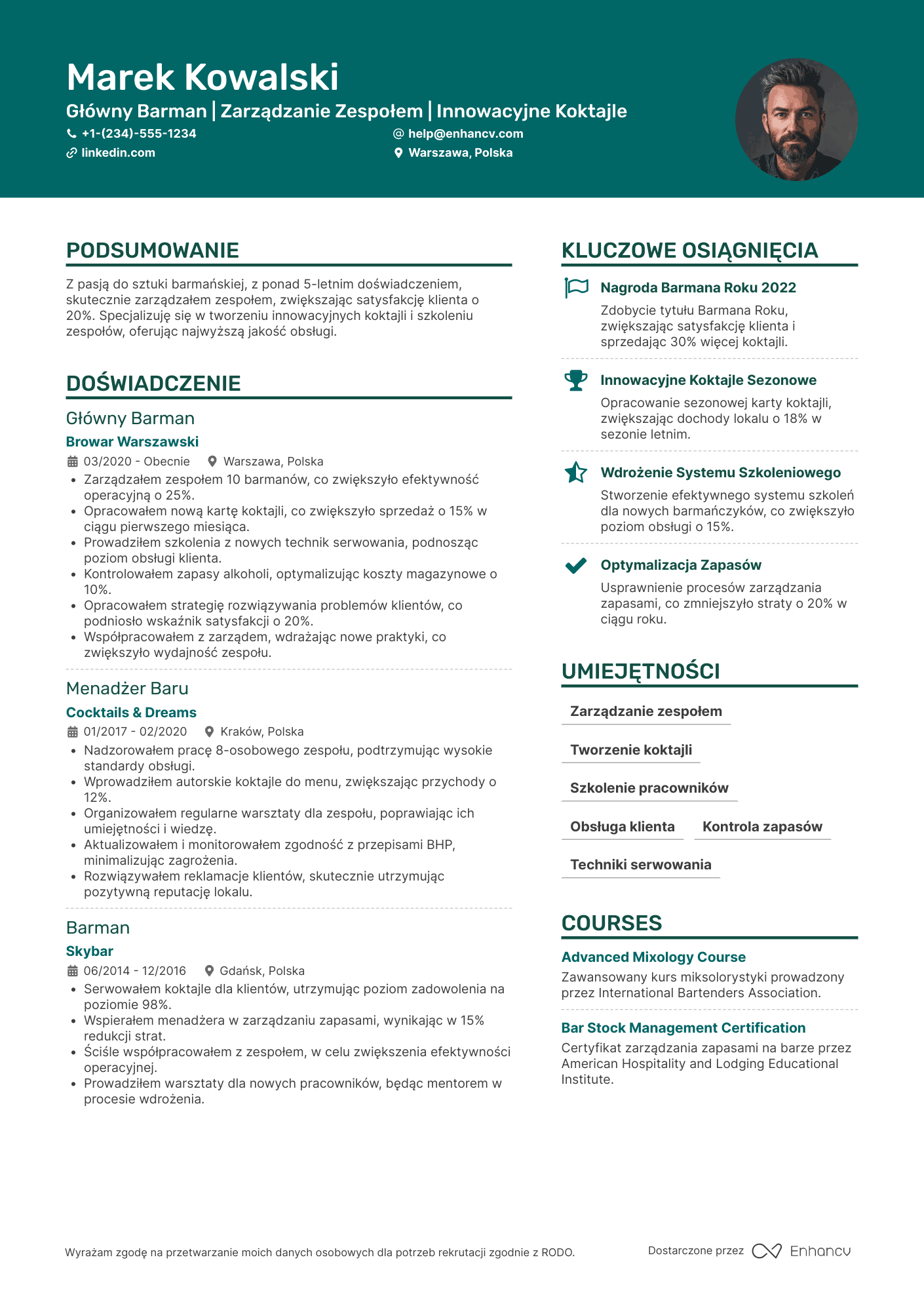 CV dla Główny Barman Resume Example