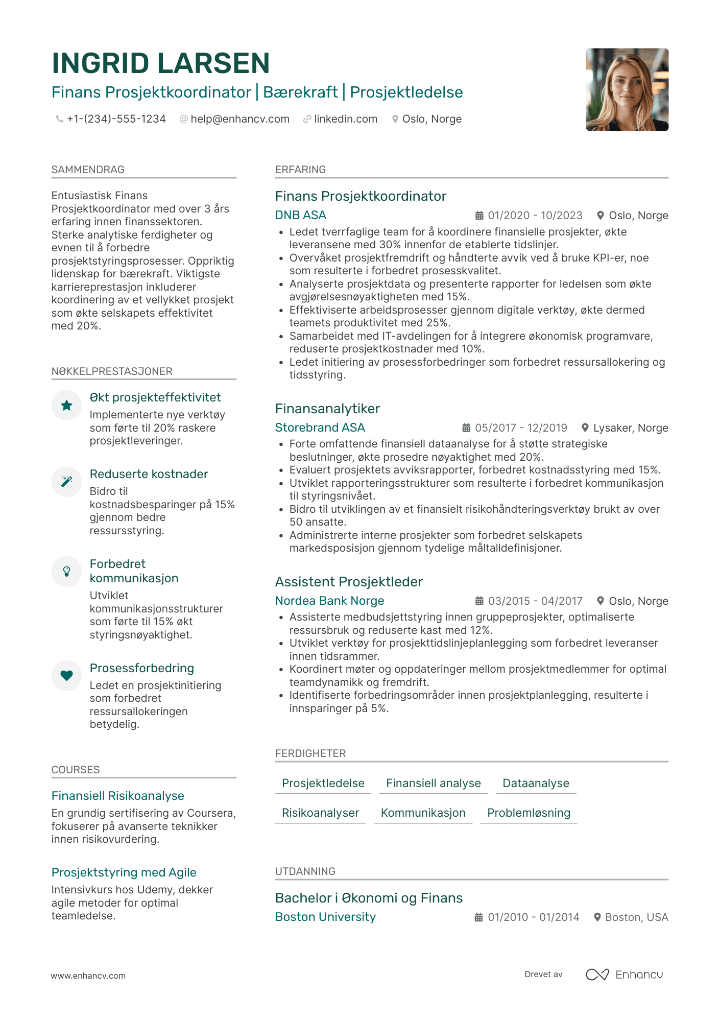 CV for Finans Prosjektkoordinator Resume Example