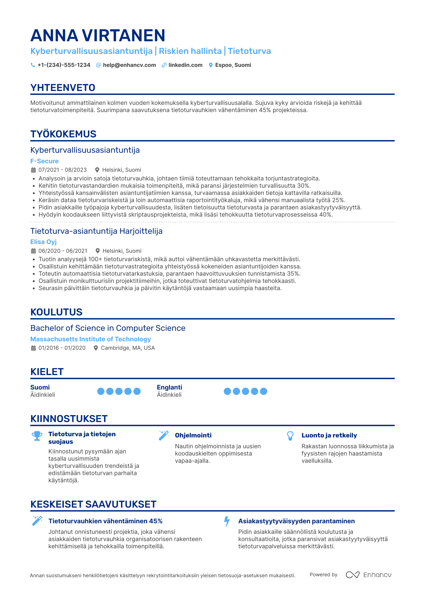 Ansioluettelo Kyberturvallisuusasiantuntija assistentti Resume Example