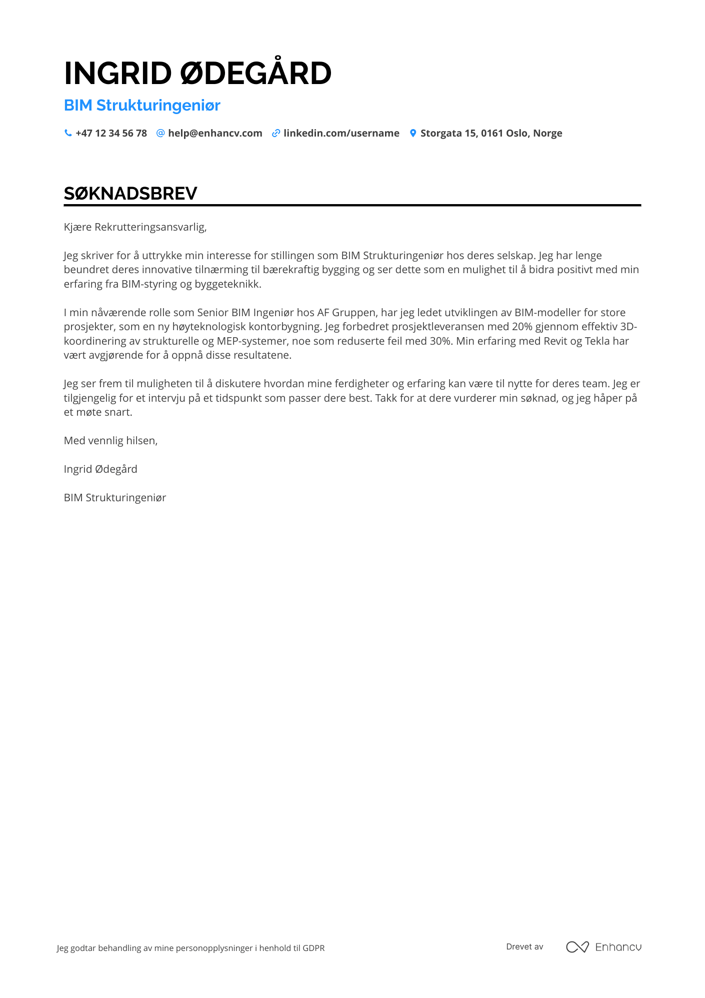 Søknadsbrev for BIM Strukturingeniør Resume Example